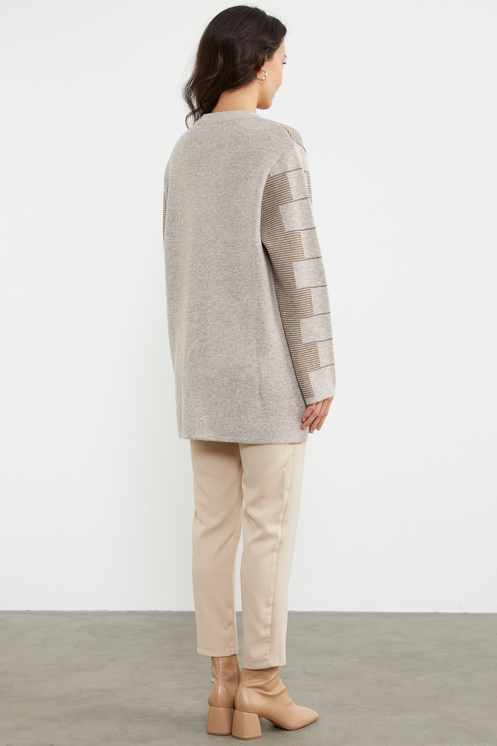 Kalın Yünlü Blok Desen Triko Ceket - Vizon (6) Sementa