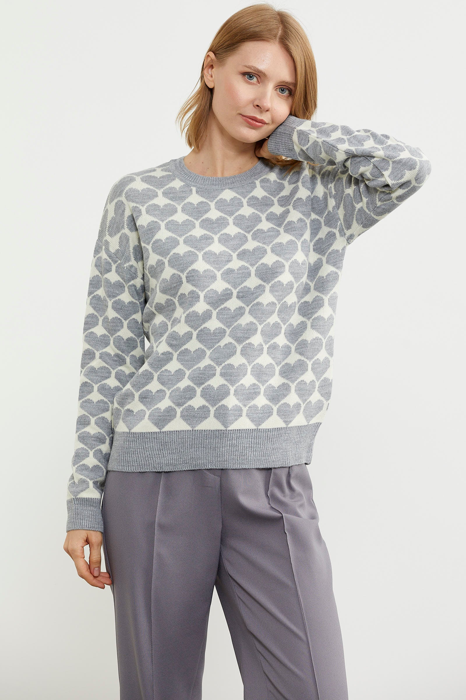 Kalp Desenli Sıfır Yaka Triko Kazak - Gri (1) Sementa