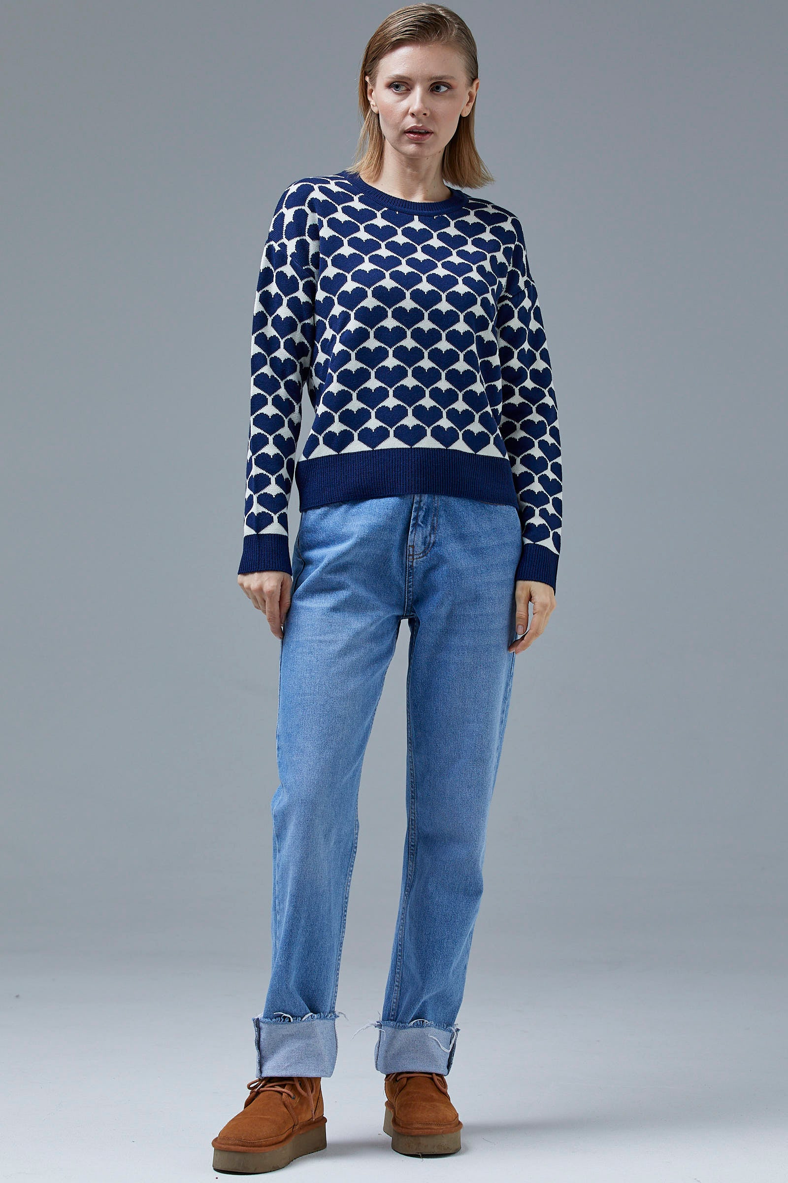 Kalp Desenli Sıfır Yaka Triko Kazak - Lacivert (4) Sementa