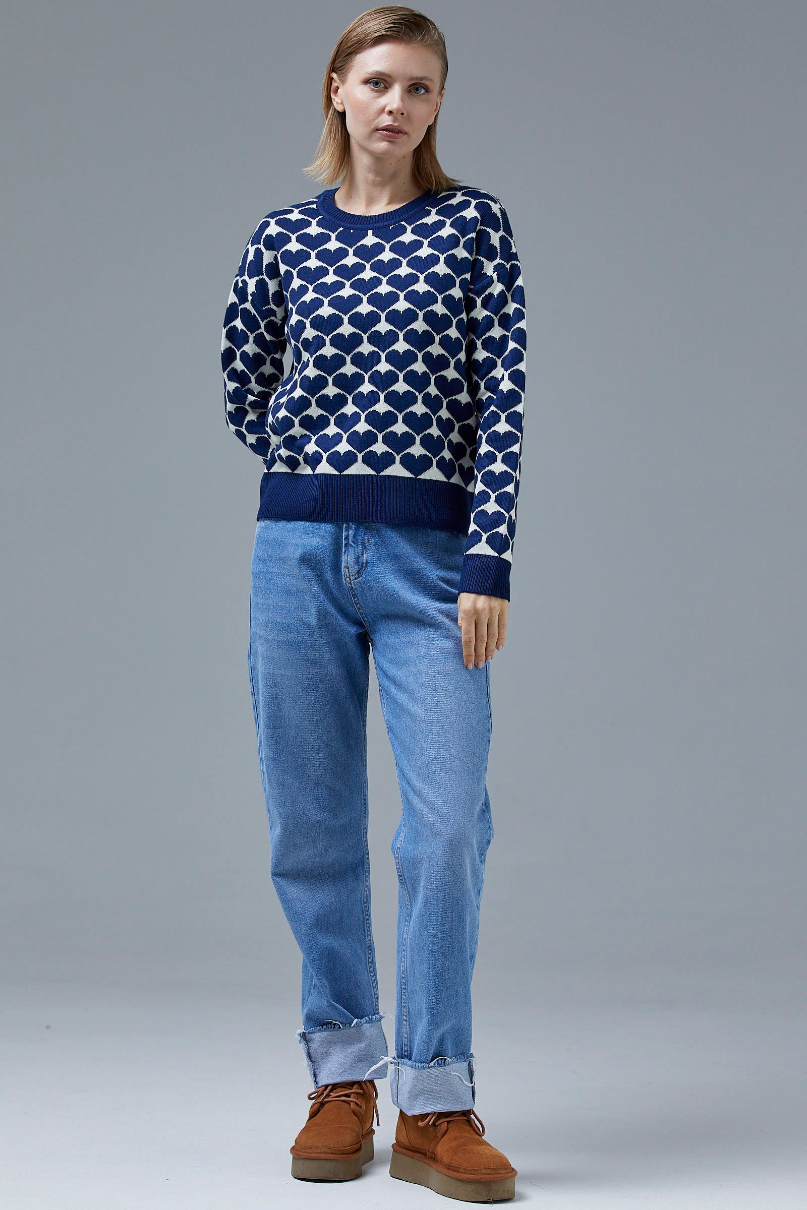 Kalp Desenli Sıfır Yaka Triko Kazak - Lacivert (1) Sementa