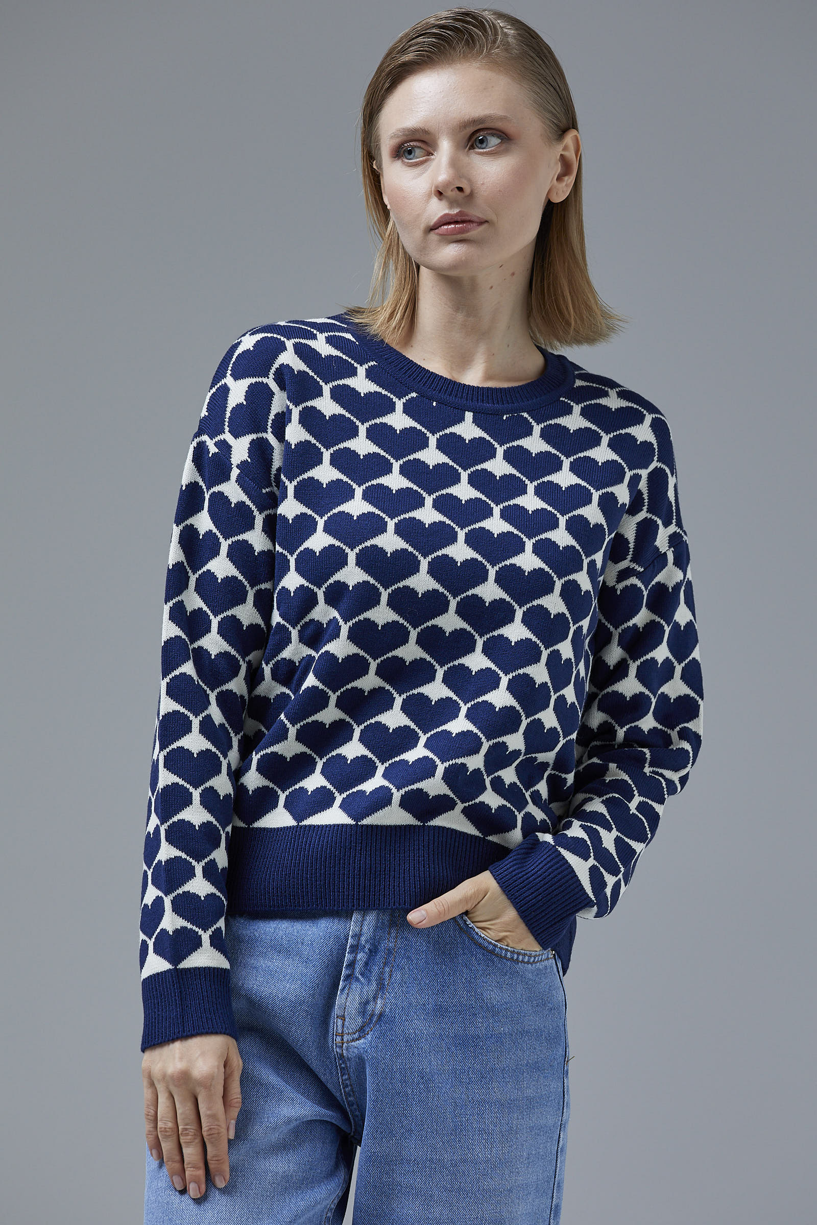 Kalp Desenli Sıfır Yaka Triko Kazak - Lacivert (3) Sementa