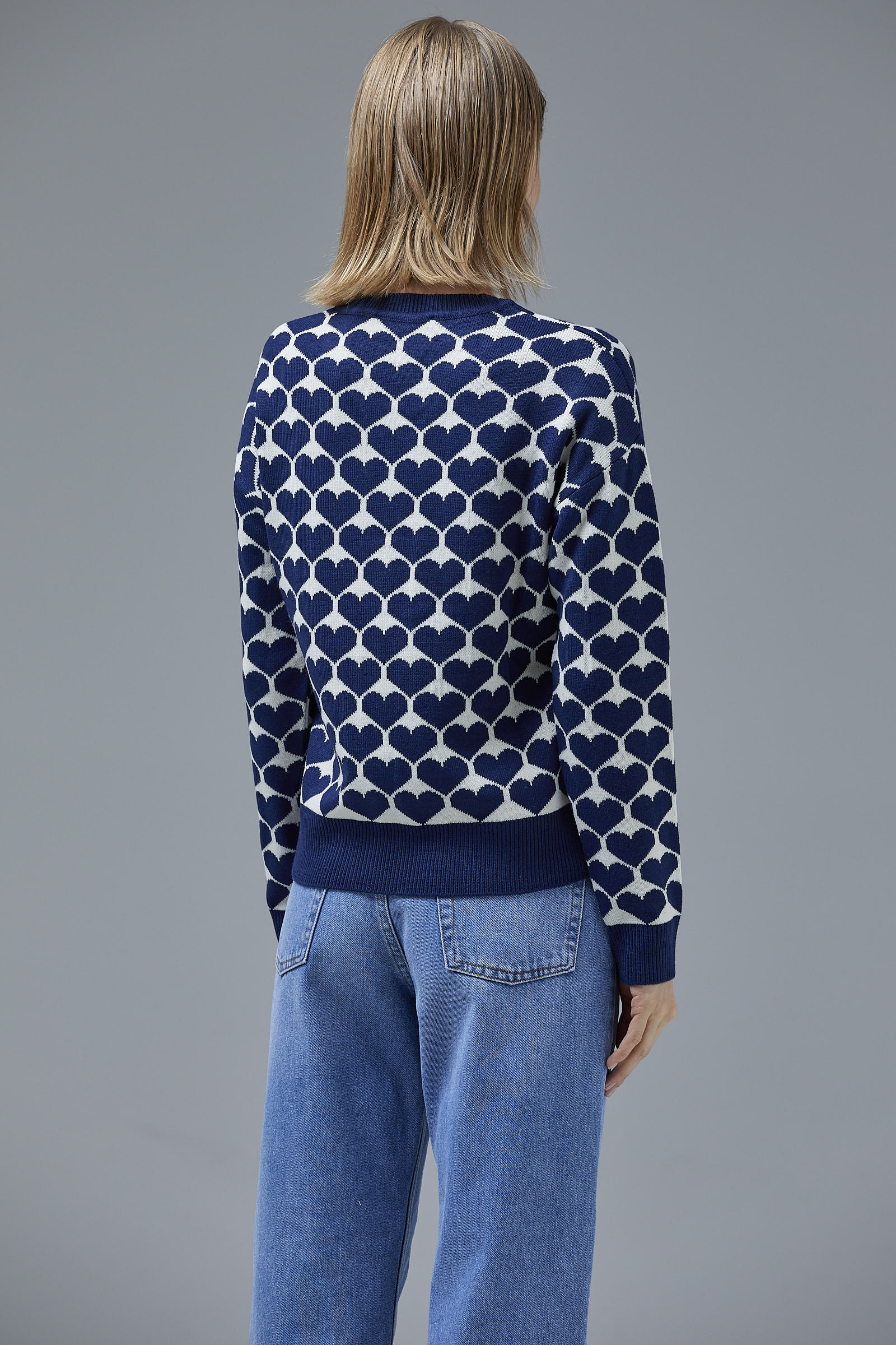 Kalp Desenli Sıfır Yaka Triko Kazak - Lacivert (7) Sementa