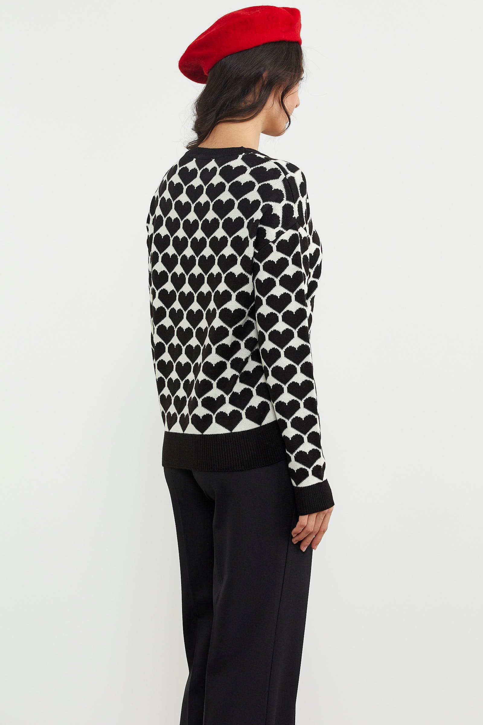 Kalp Desenli Sıfır Yaka Triko Kazak - Siyah (7) Sementa