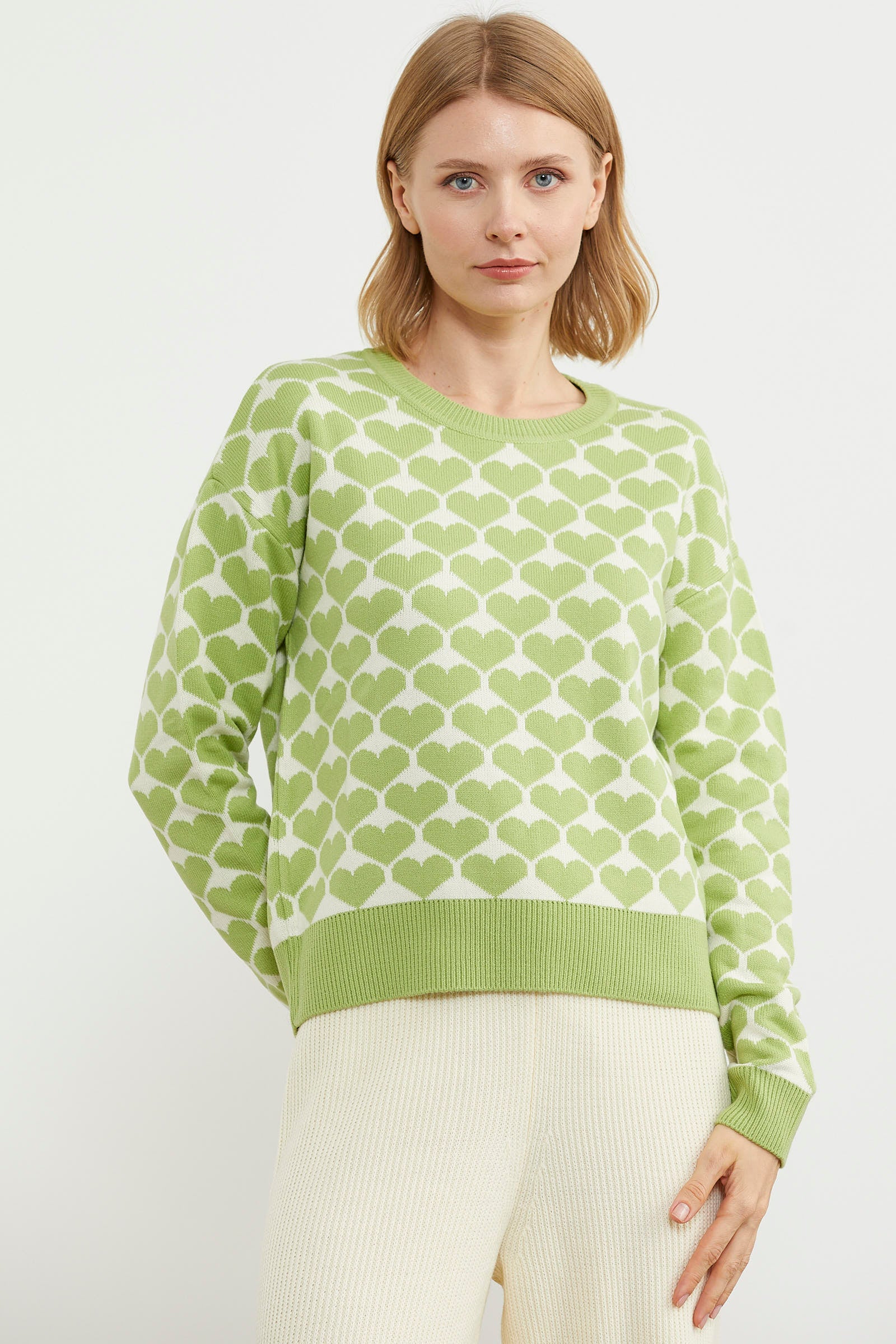 Kalp Desenli Sıfır Yaka Triko Kazak - Yeşil (1) Sementa