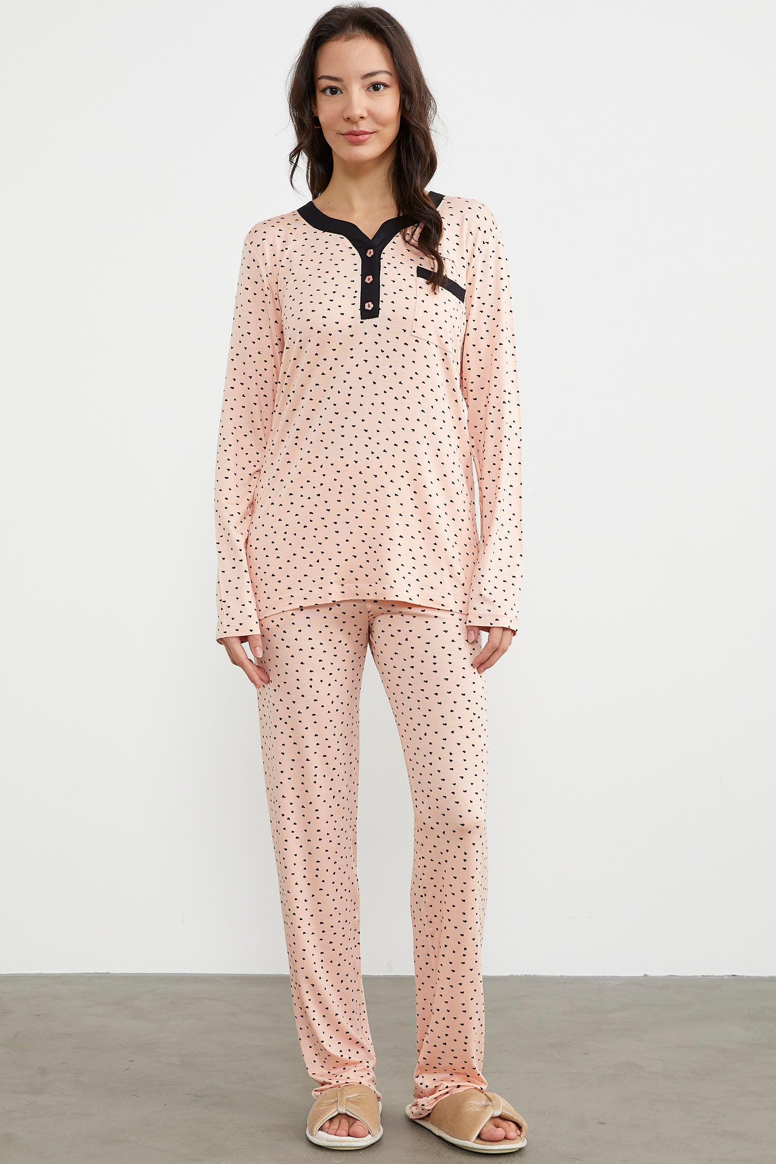 Kalp Desenli Uzun Kol Pijama Takım - Somon (1) Sementa