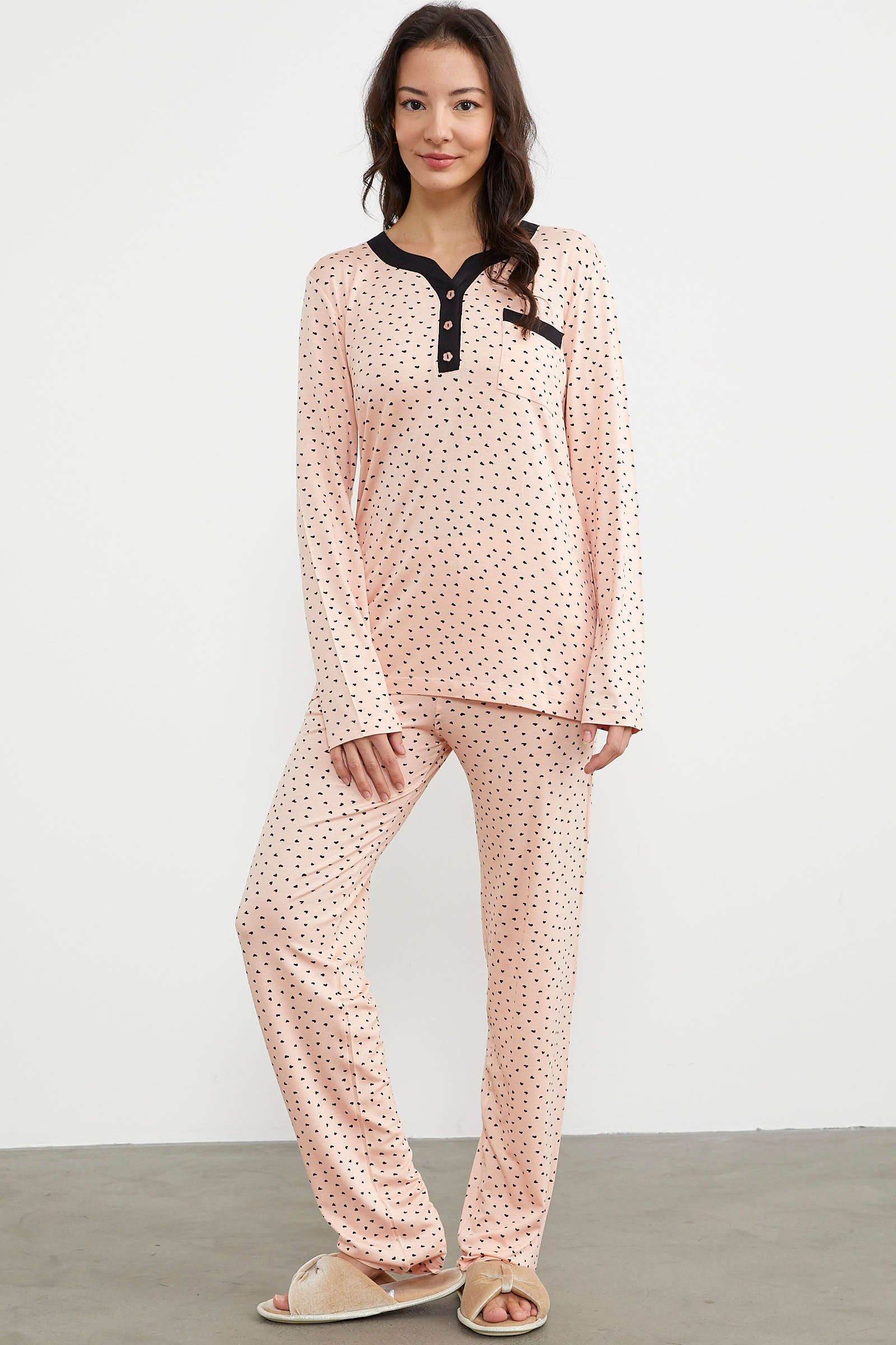 Kalp Desenli Uzun Kol Pijama Takım - Somon (2) Sementa