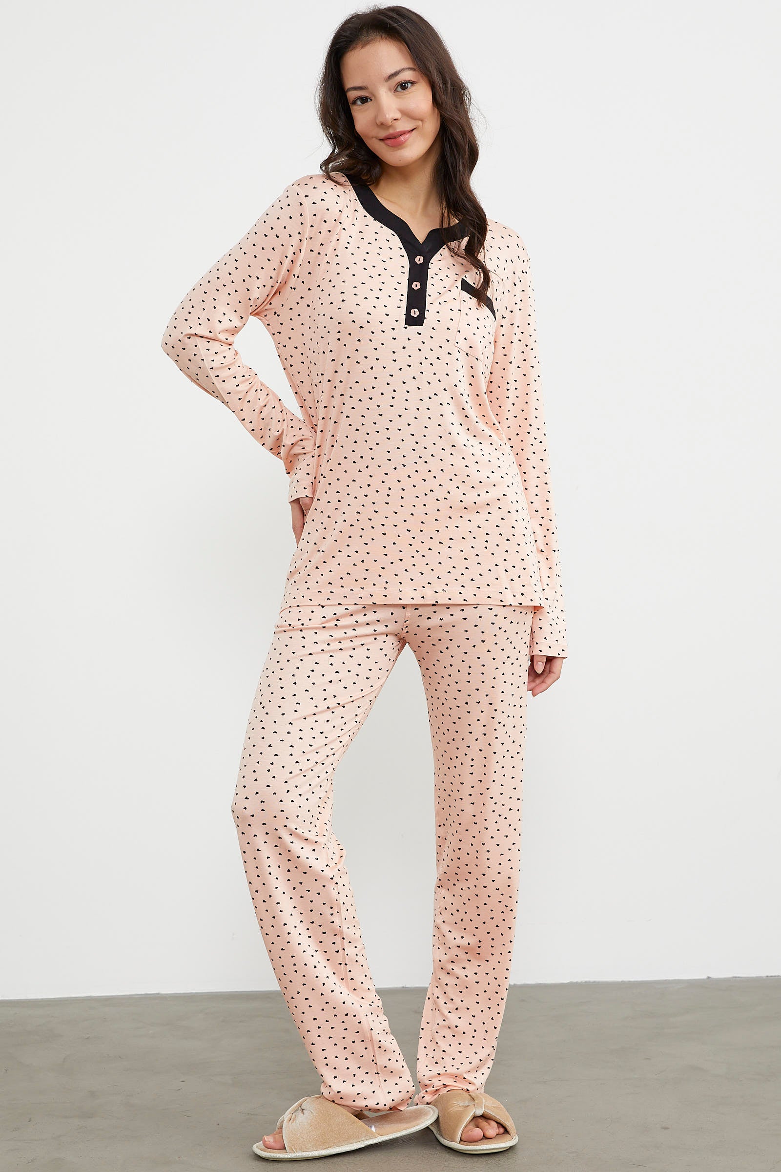 Kalp Desenli Uzun Kol Pijama Takım - Somon (3) Sementa