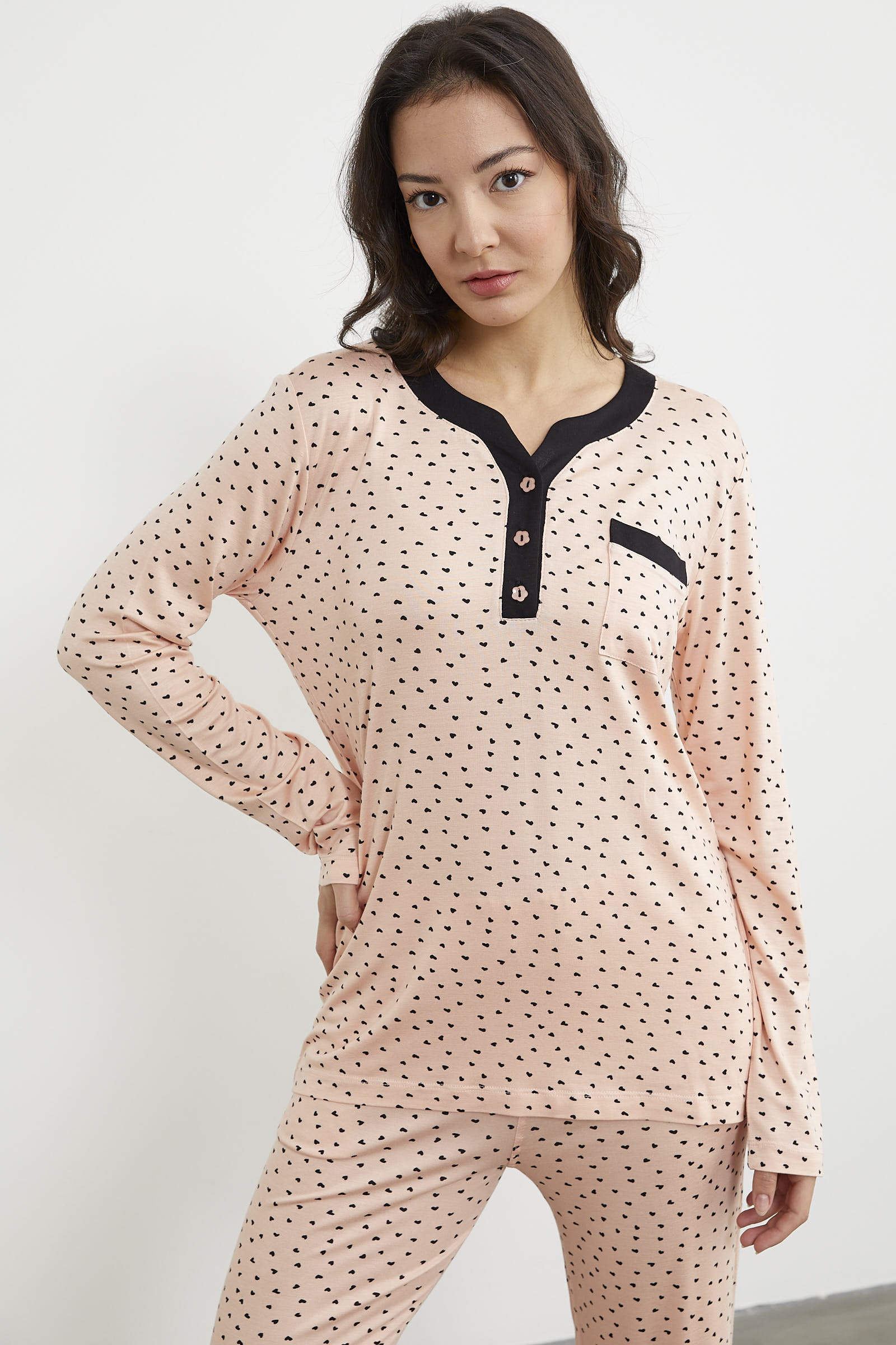 Kalp Desenli Uzun Kol Pijama Takım - Somon (5) Sementa