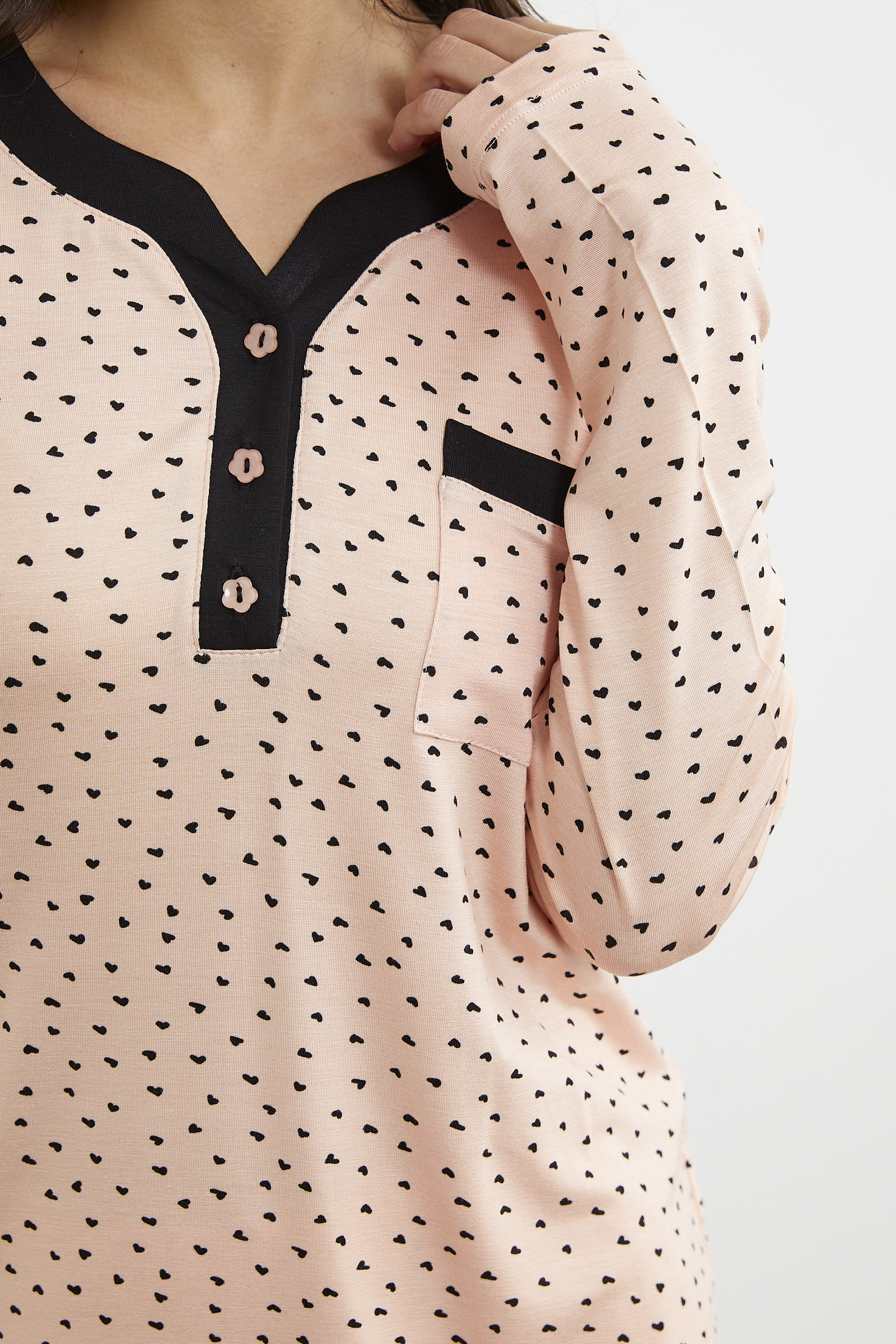 Kalp Desenli Uzun Kol Pijama Takım - Somon (6) Sementa