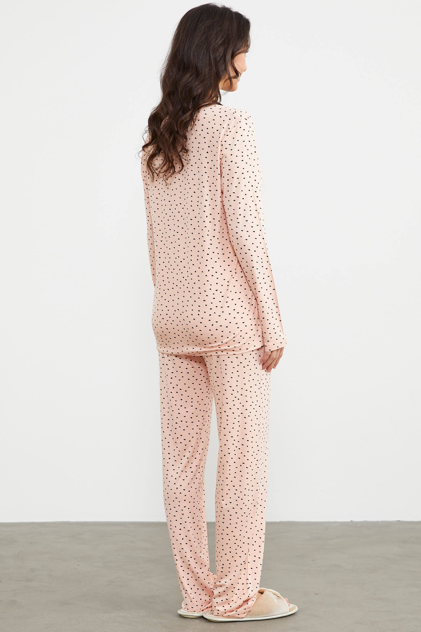 Kalp Desenli Uzun Kol Pijama Takım - Somon (7) Sementa