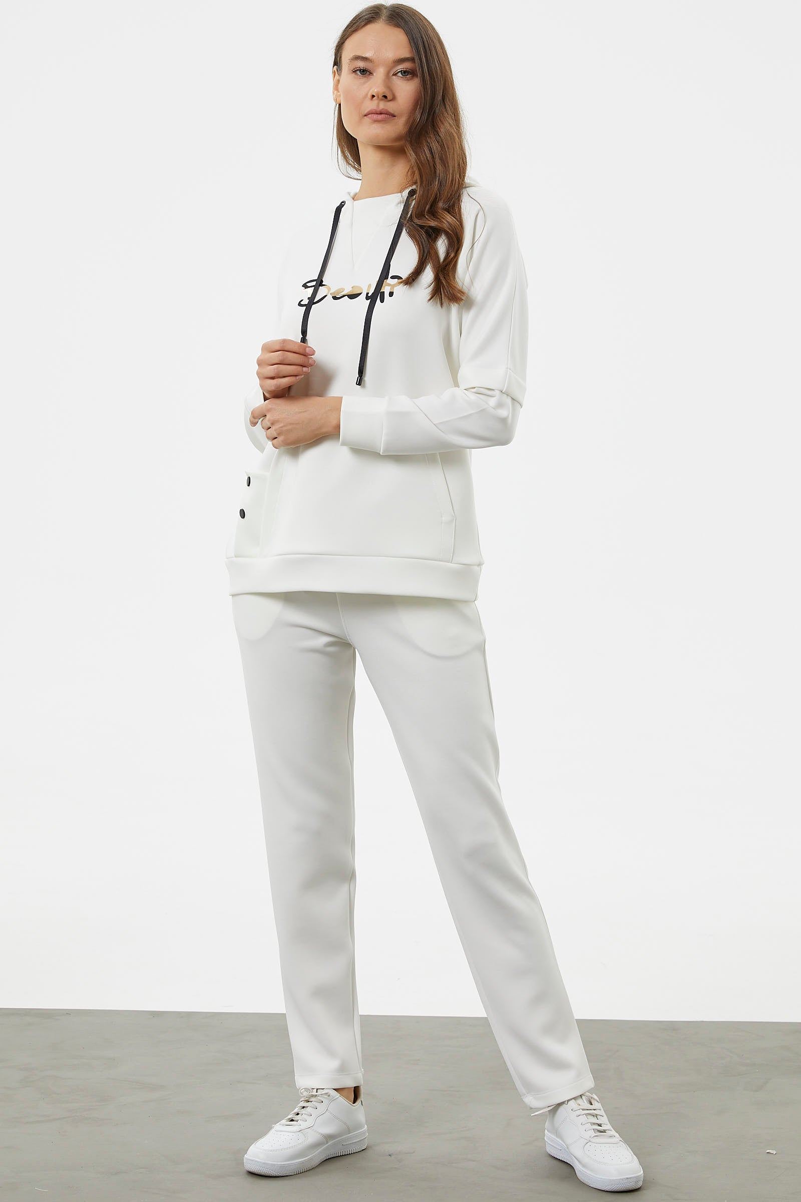 Kanguru Cepli Dalgıç Kumaş Eşofman Takım - Ekru (2) Sementa