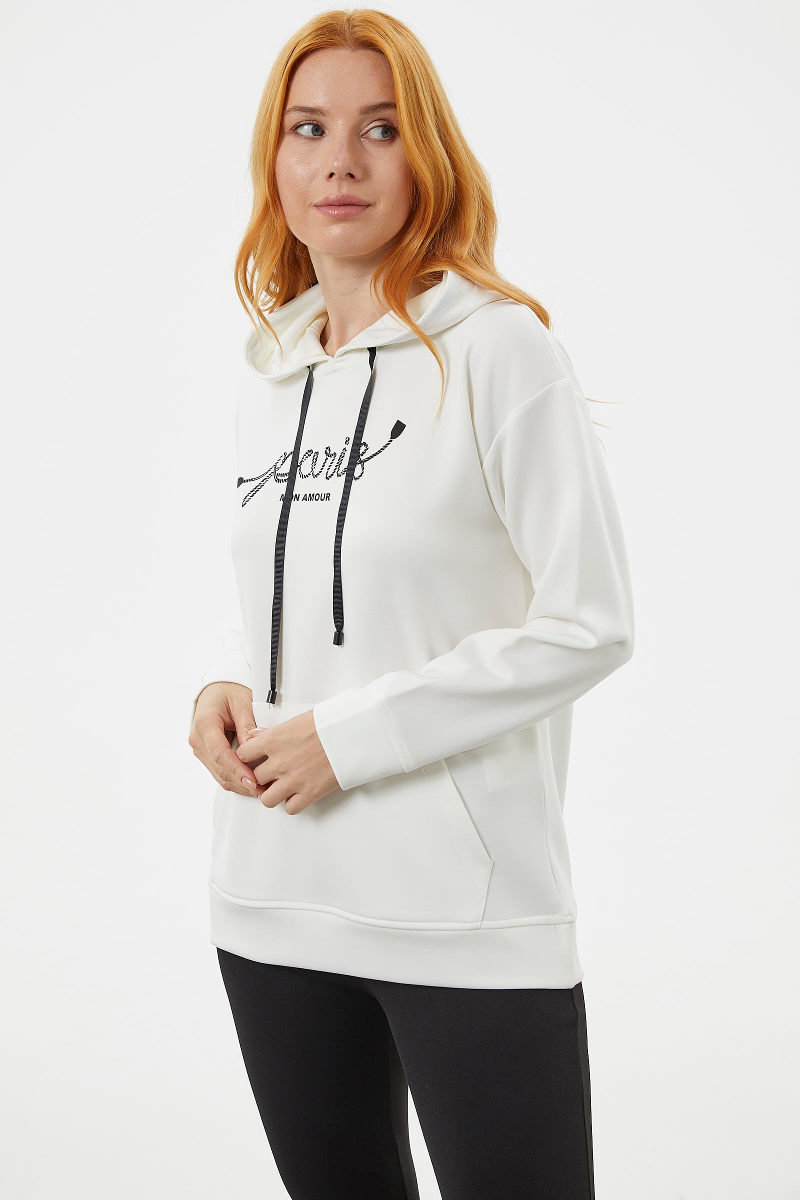 Kanguru Cepli Kapüşonlu Sweatshirt - Ekru (3) Sementa
