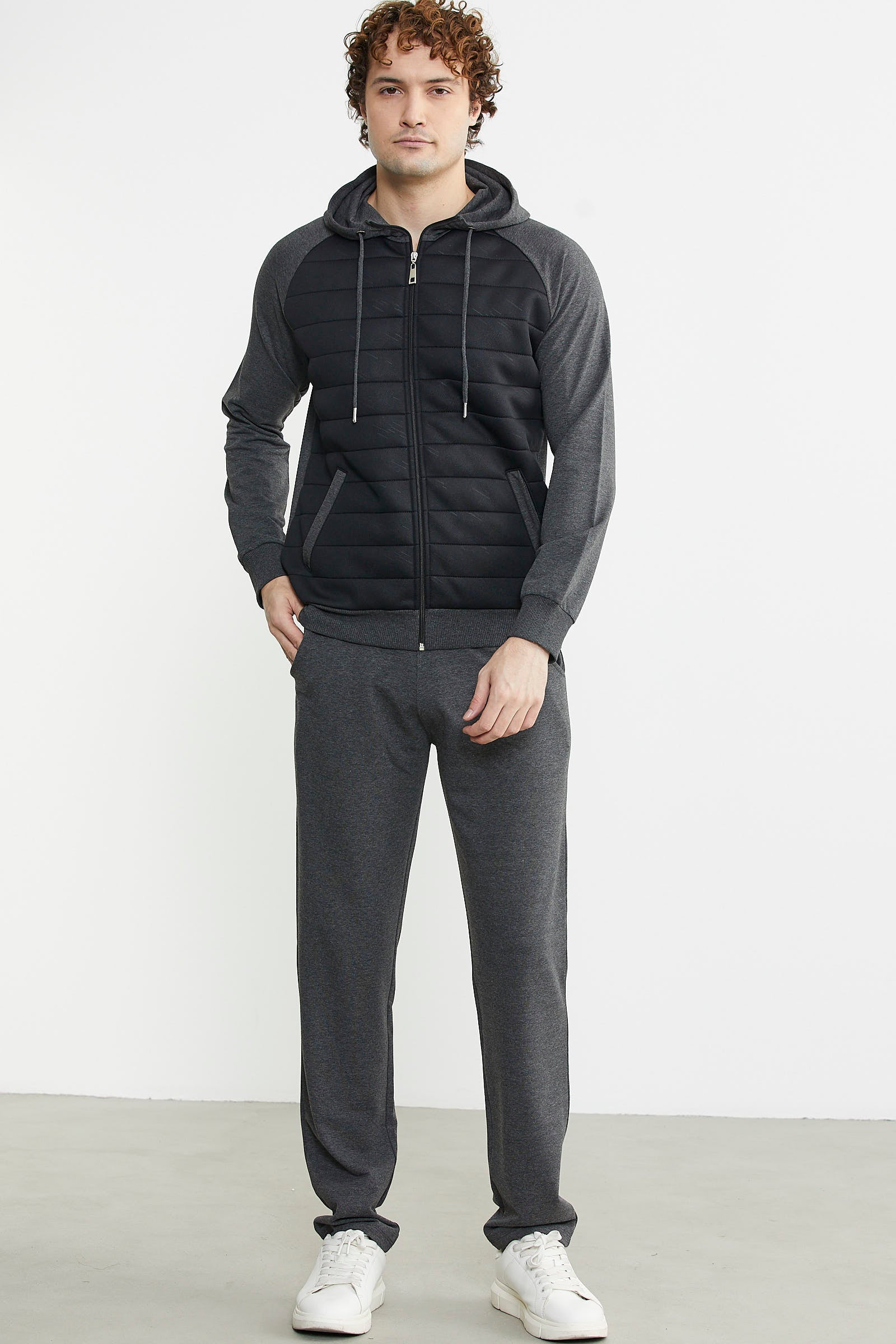 Kapitone Detaylı Kapüşonlu Eşofman Takım - Antrasit - Sementa