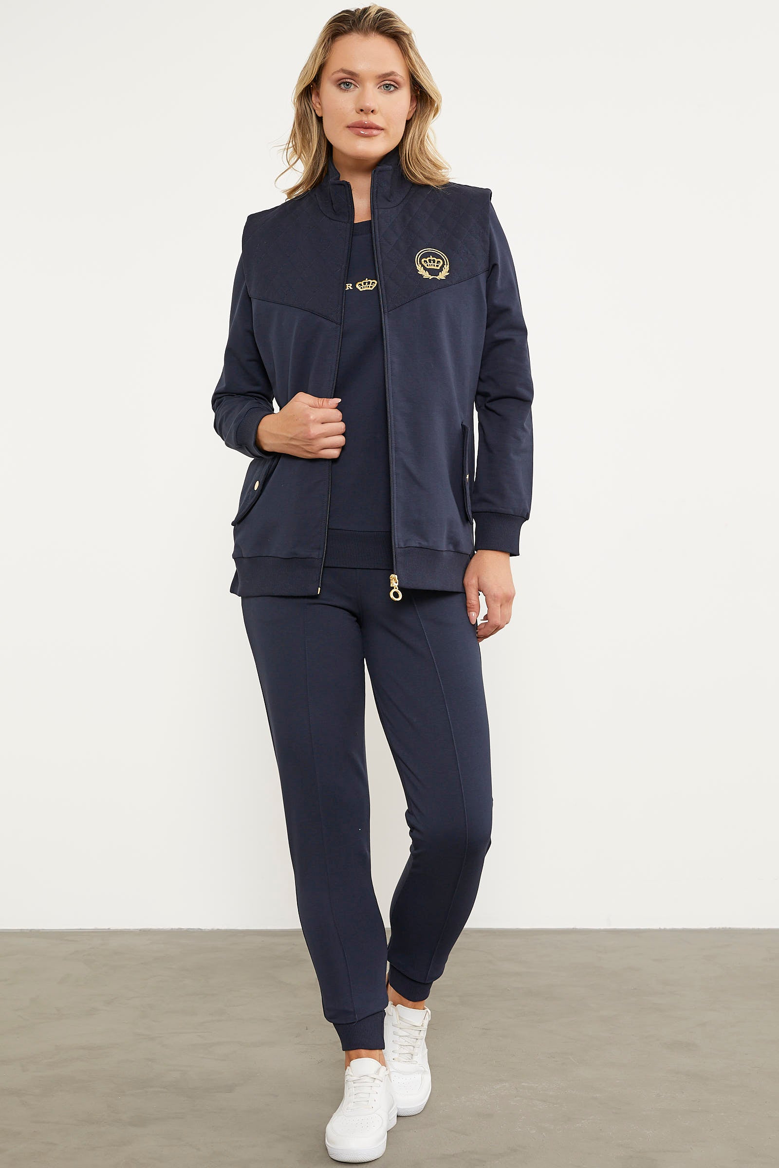 Kapitone Detaylı Yelekli Üçlü Eşofman Takım - Lacivert (2) Sementa