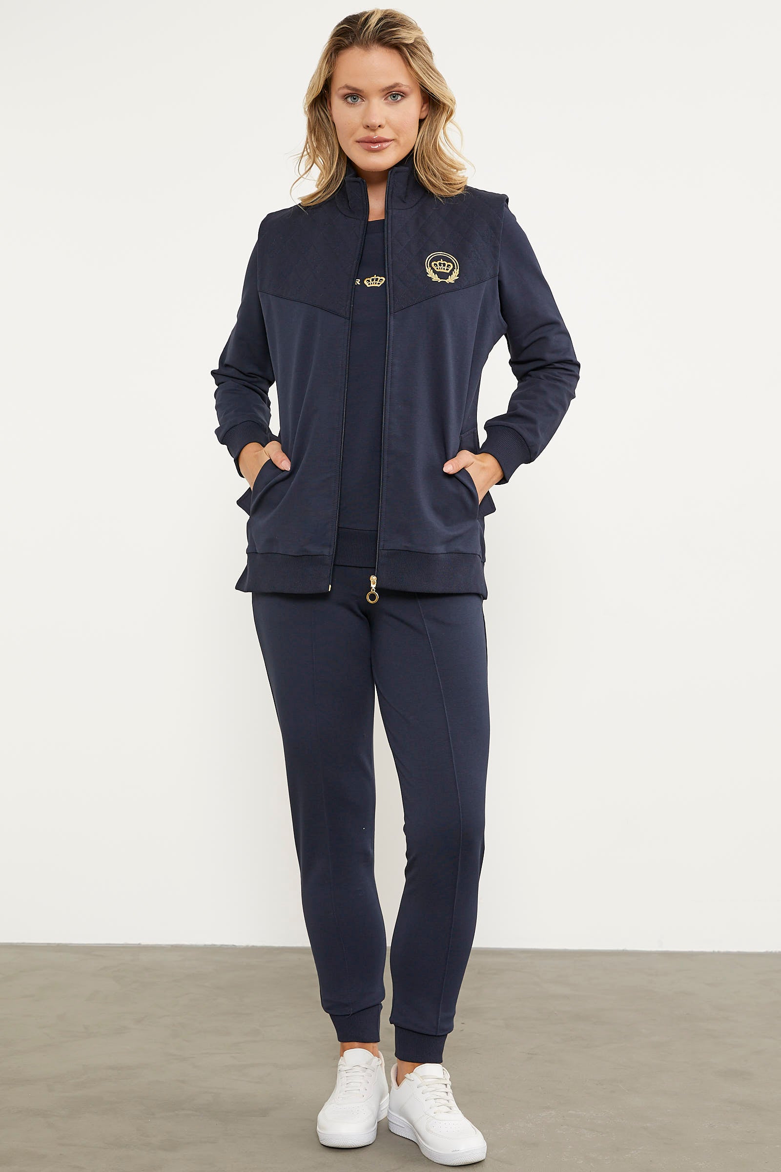 Kapitone Detaylı Yelekli Üçlü Eşofman Takım - Lacivert (4) Sementa