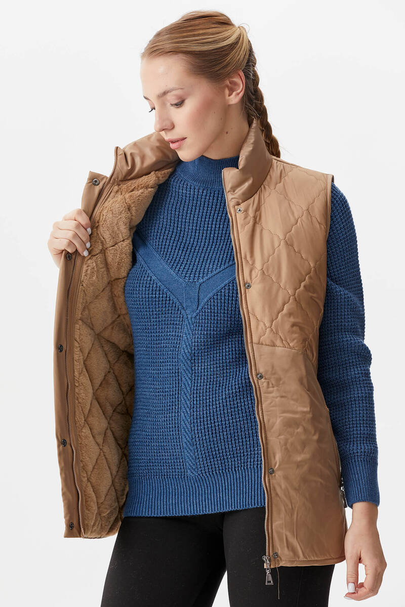 Kapitone Dik Yaka İçi Peluş Yelek - Bej (5) Sementa