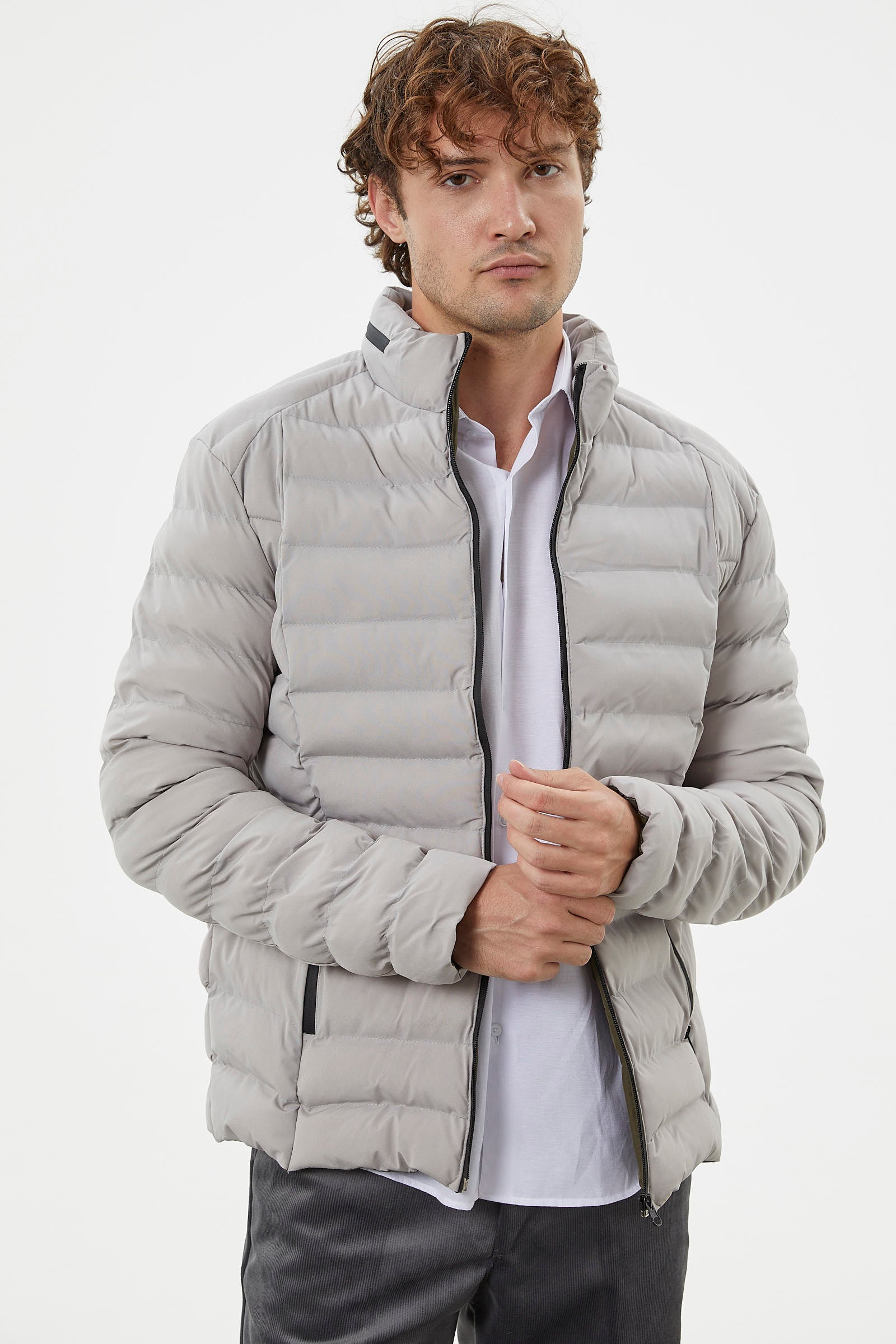 Kapitone Dik Yaka Kısa Mont - Taş (1) Sementa