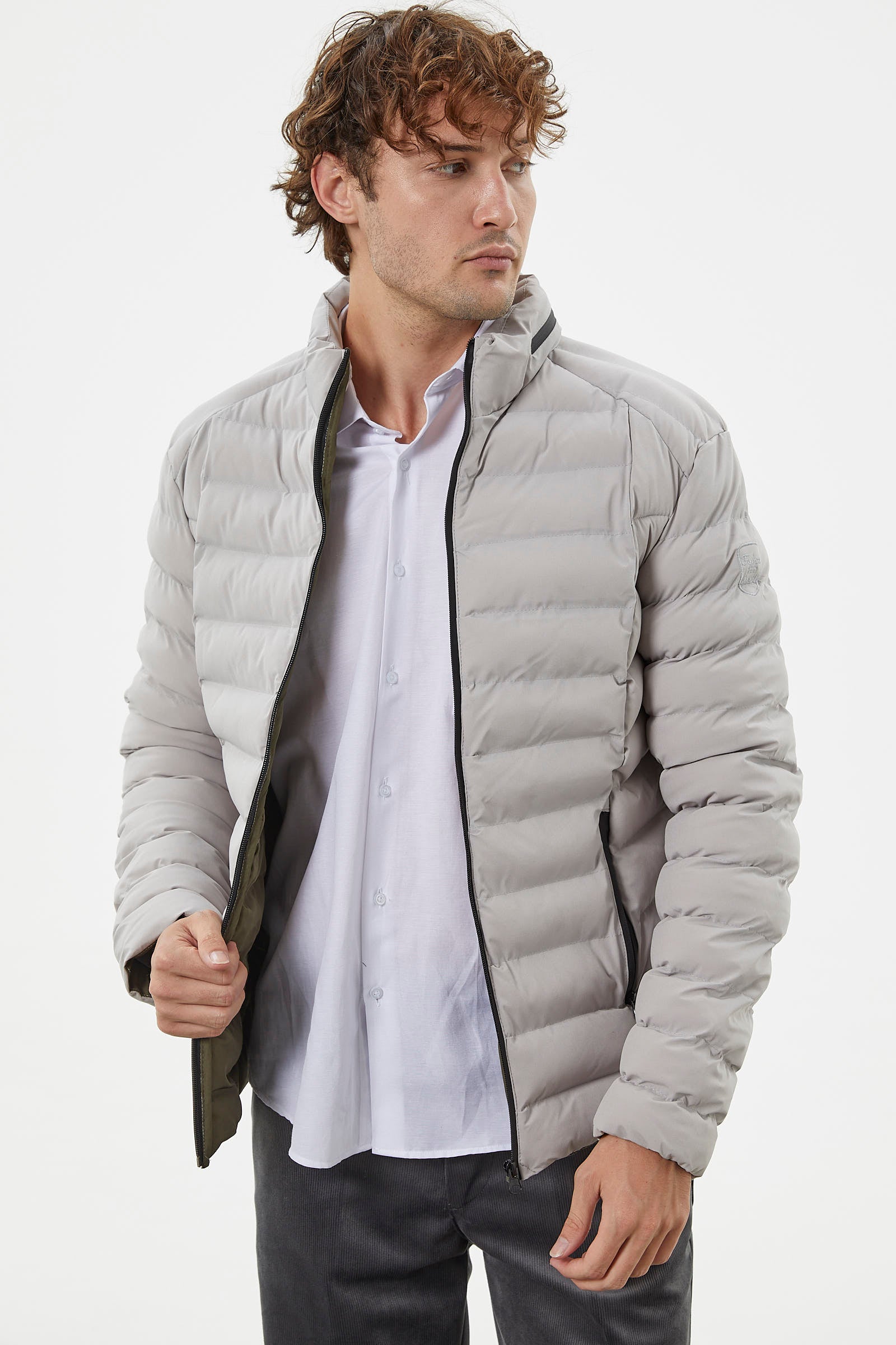 Kapitone Dik Yaka Kısa Mont - Taş (2) Sementa