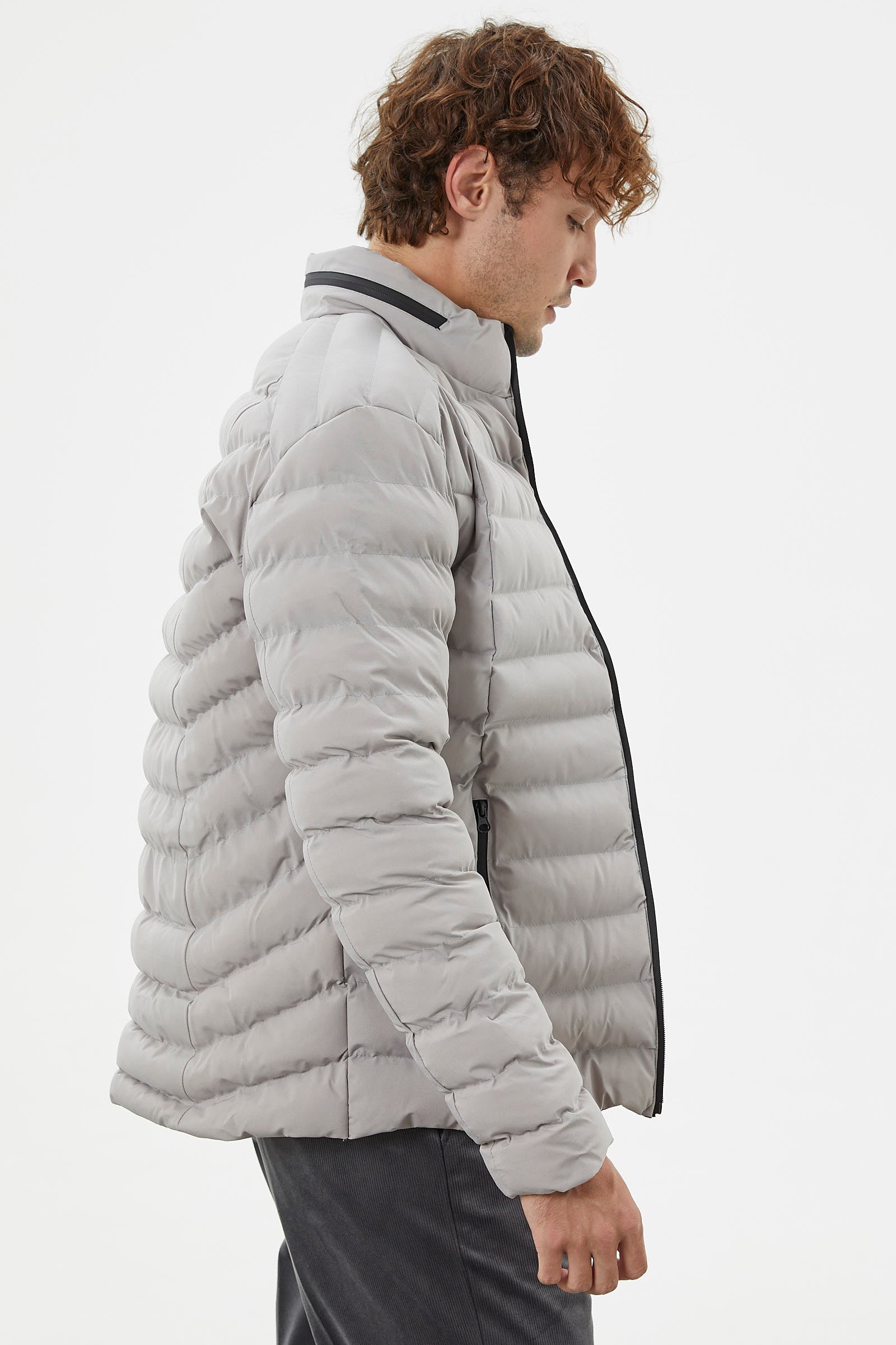 Kapitone Dik Yaka Kısa Mont - Taş (4) Sementa