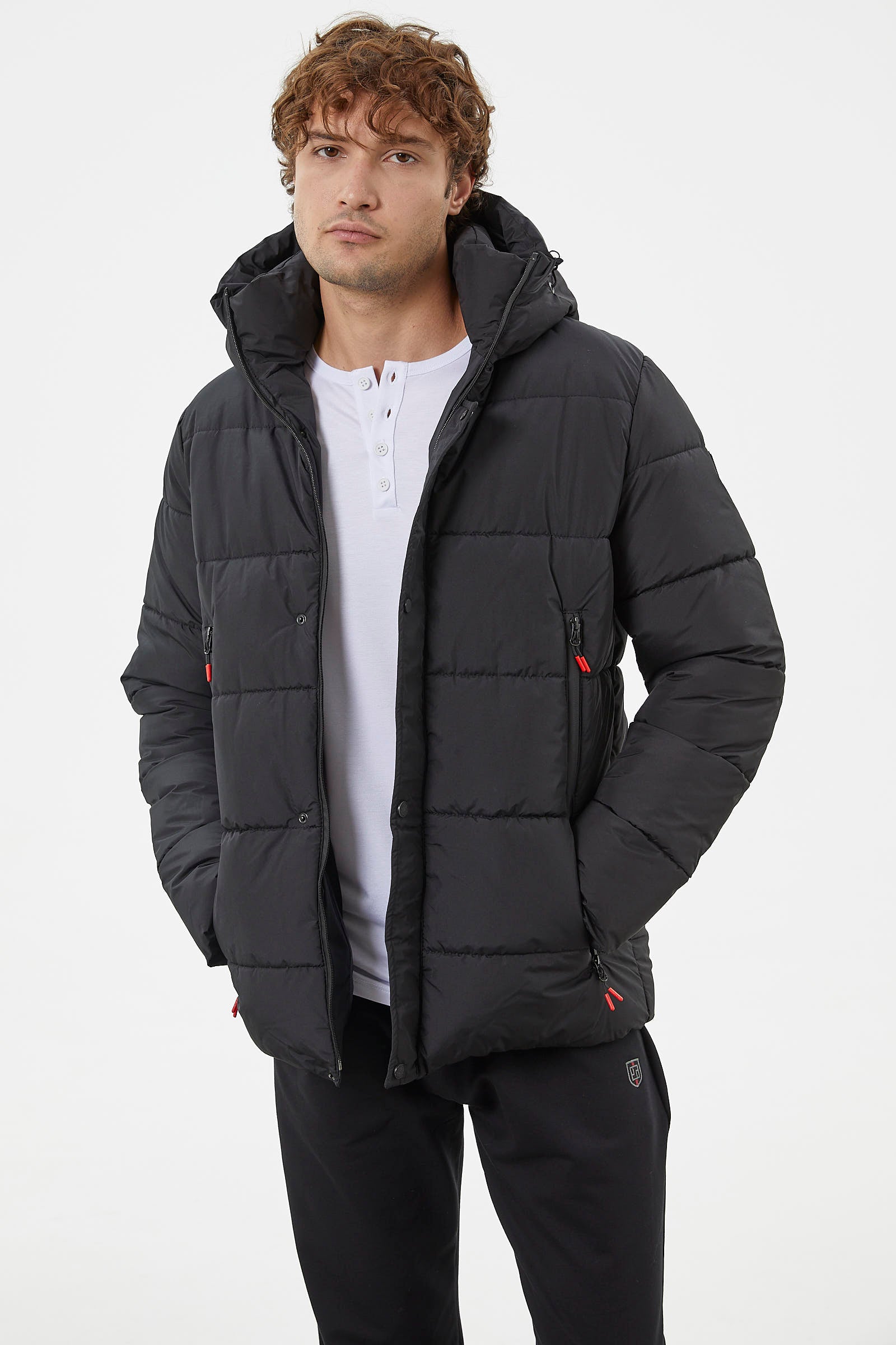 Kapitone Fermuar Cepli Kapüşonlu Şişme Mont - Siyah (3) Sementa