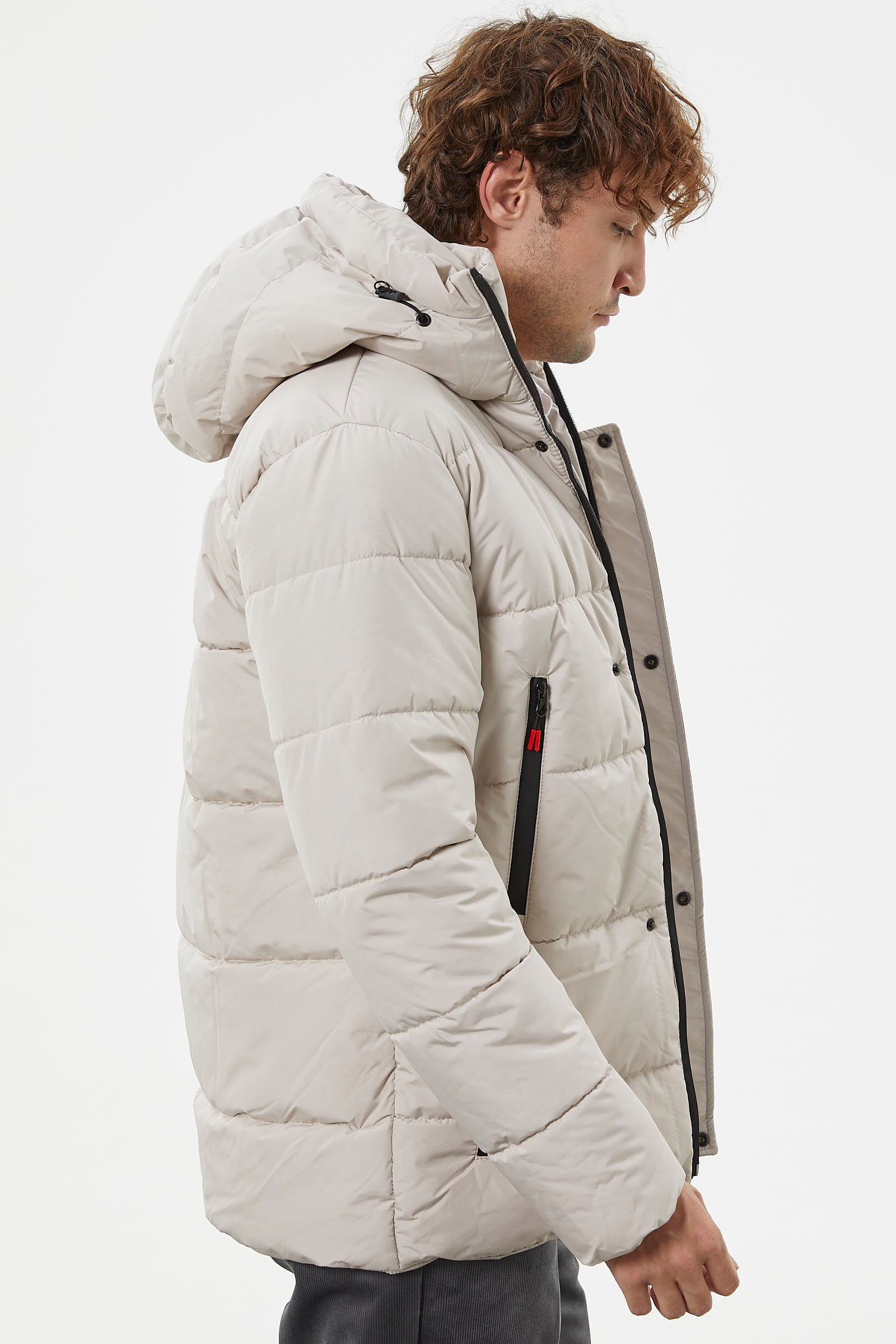 Kapitone Fermuar Cepli Kapüşonlu Şişme Mont - Taş (3) Sementa