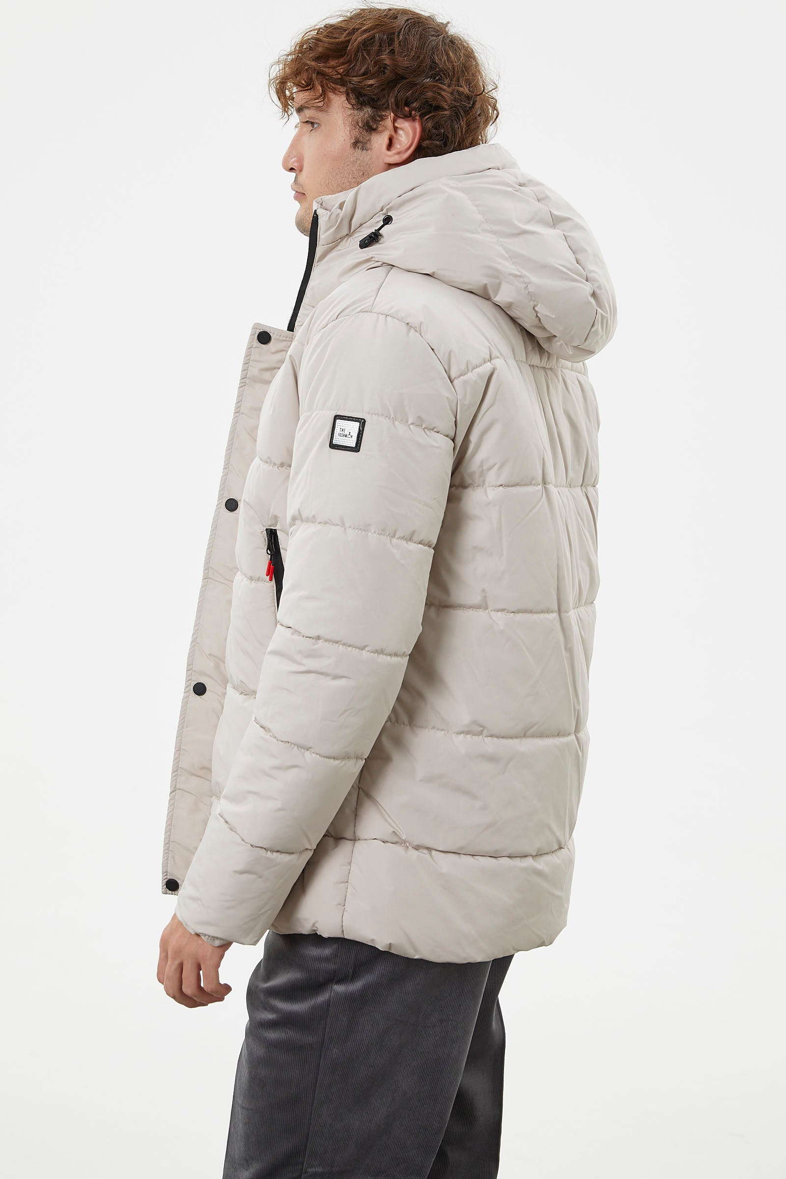 Kapitone Fermuar Cepli Kapüşonlu Şişme Mont - Taş (4) Sementa