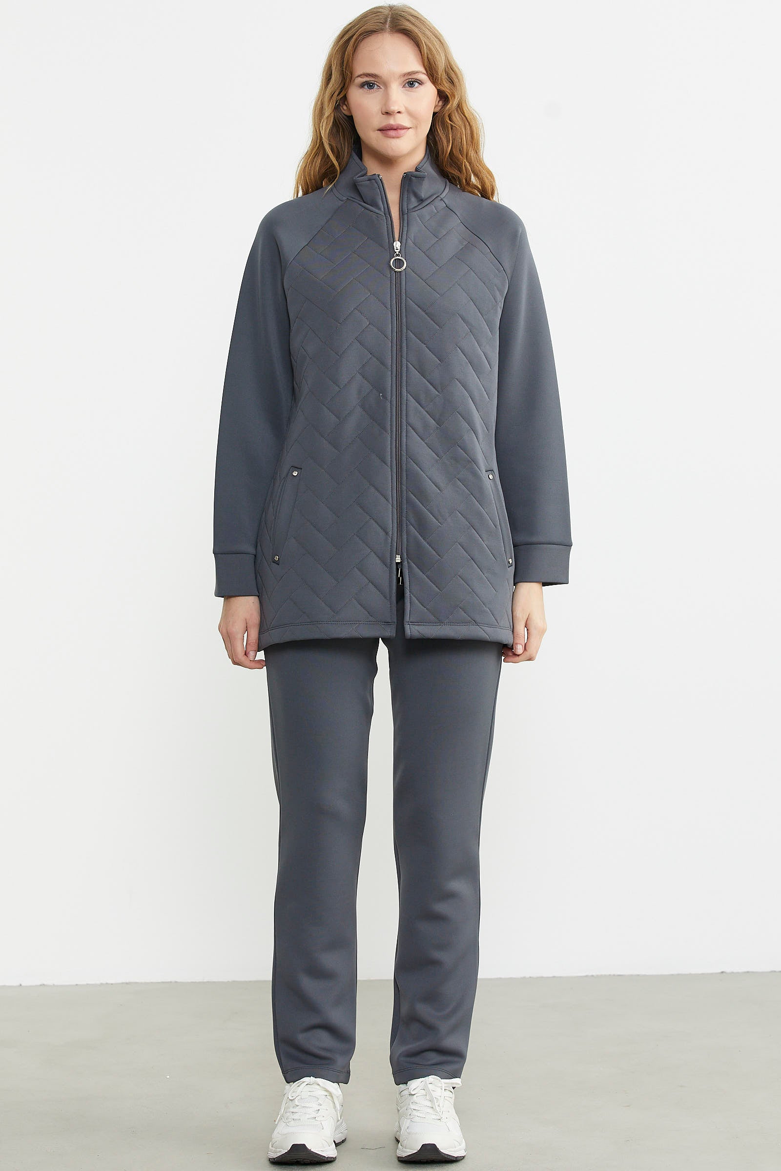 Kapitone Kombinli Fermuarlı Eşofman Takım - Antrasit - Sementa