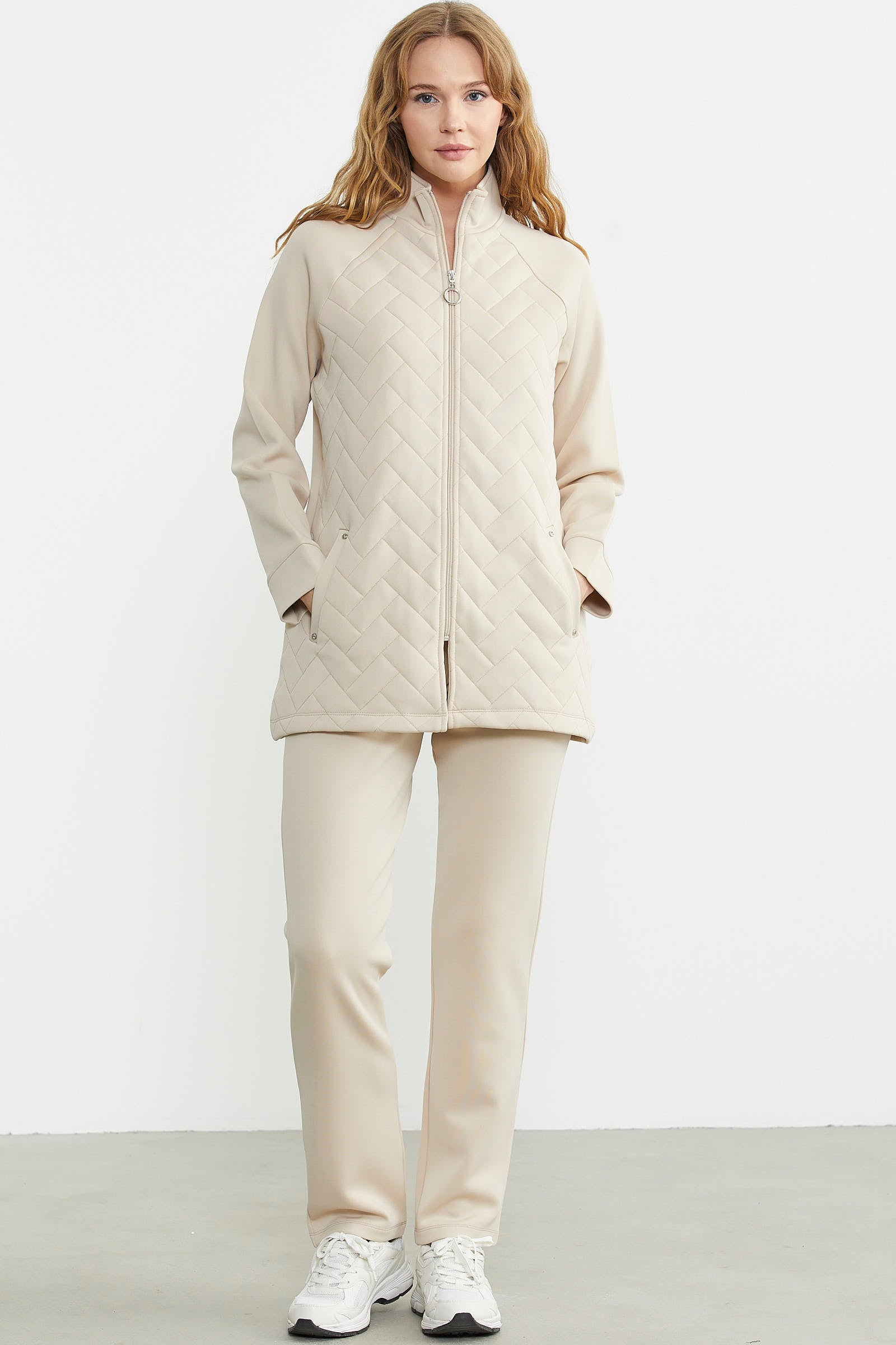 Kapitone Kombinli Fermuarlı Eşofman Takım - Bej - Sementa