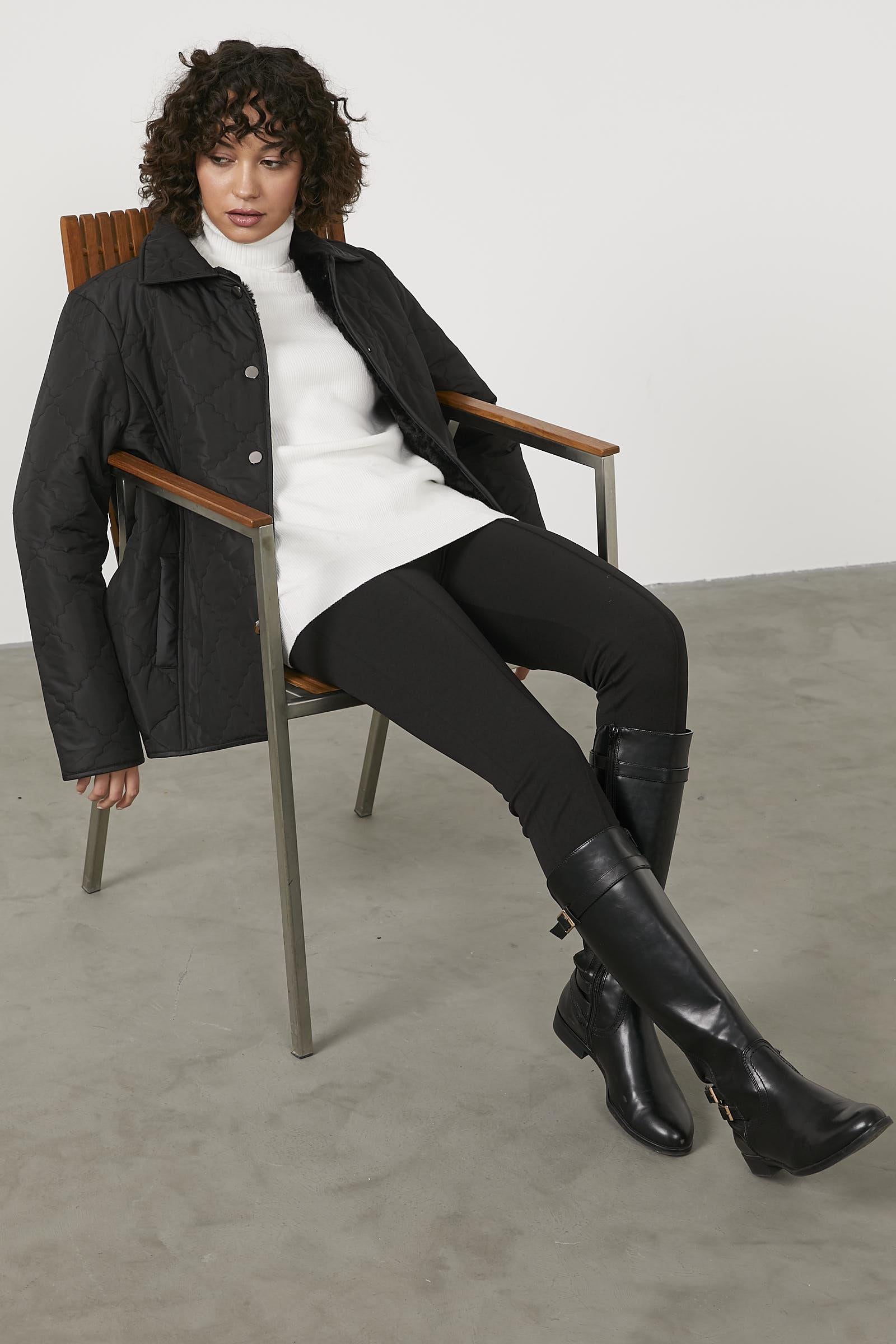 Kapitone Rahat Kalıp İçi Peluş Mont - Siyah (6) Sementa