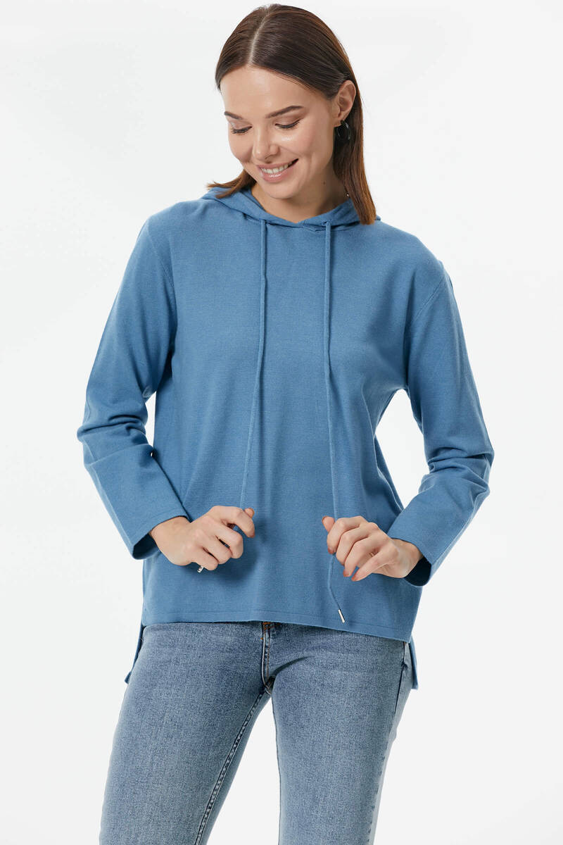 Kapüşonlu Arkası Uzun Triko Kazak - Indigo (3) Sementa