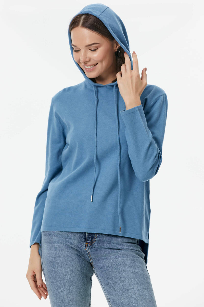 Kapüşonlu Arkası Uzun Triko Kazak - Indigo (4) Sementa