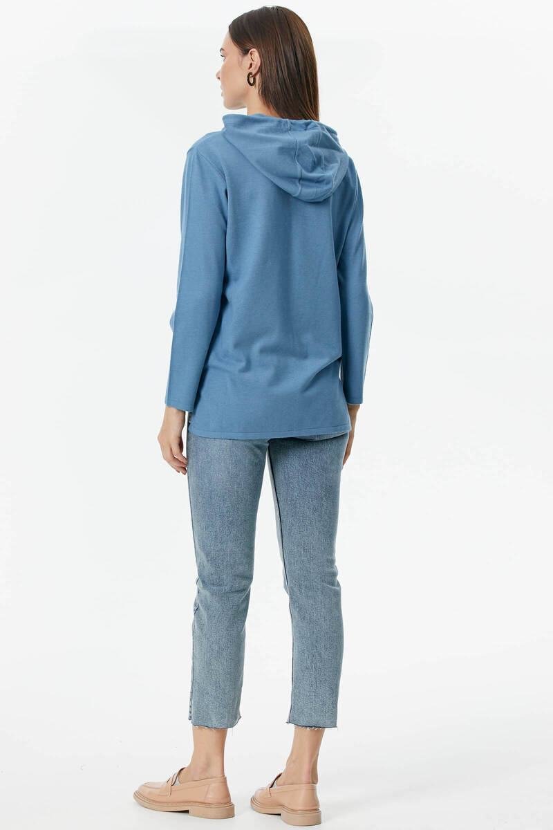 Kapüşonlu Arkası Uzun Triko Kazak - Indigo (5) Sementa