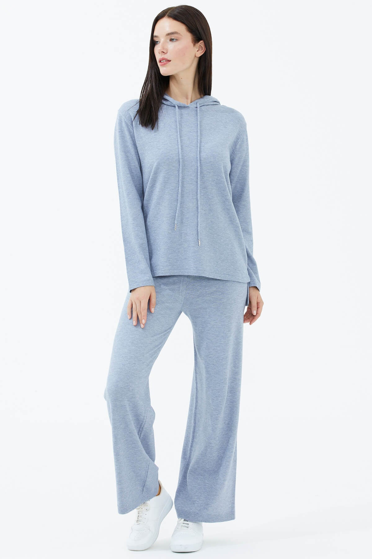 Kapüşonlu Arkası Uzun Triko Kazak - Mavi (3) Sementa