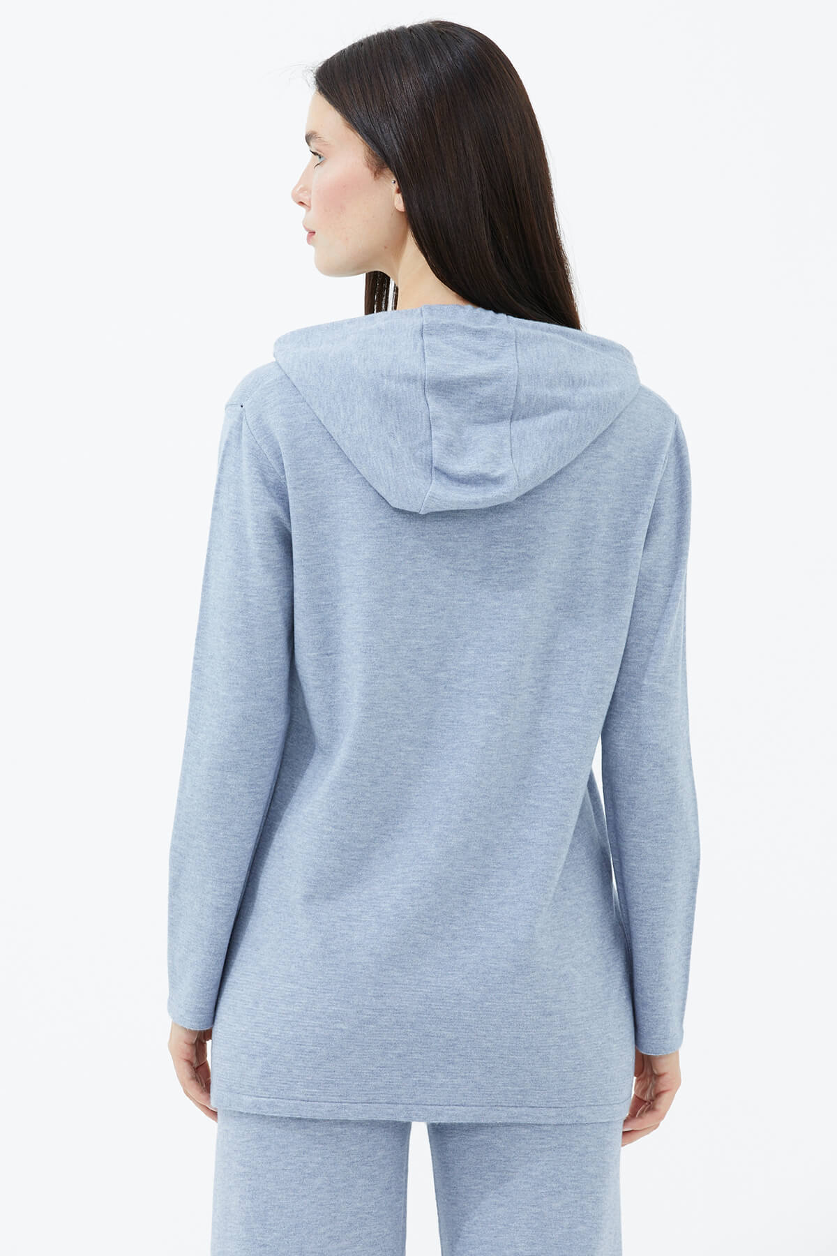 Kapüşonlu Arkası Uzun Triko Kazak - Mavi (4) Sementa