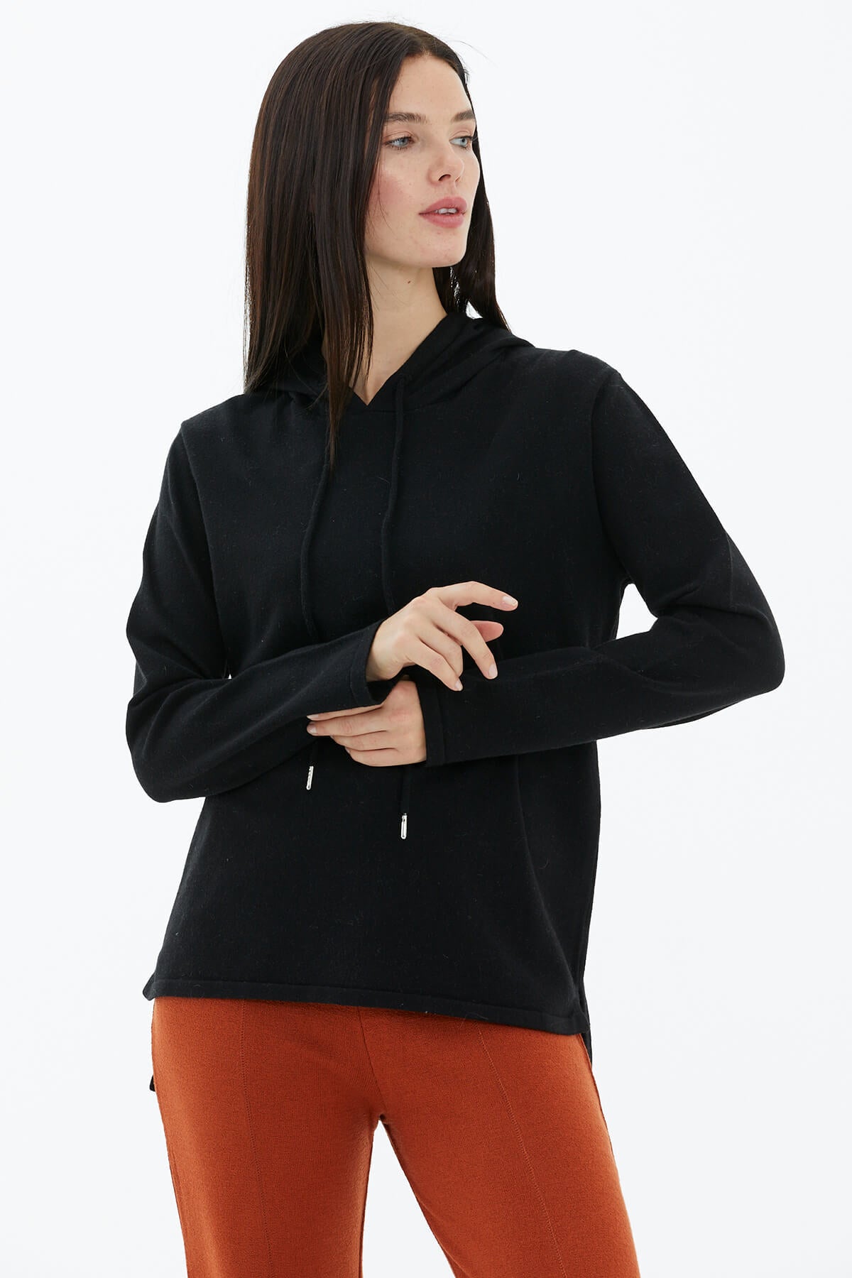 Kapüşonlu Arkası Uzun Triko Kazak - Siyah (3) Sementa