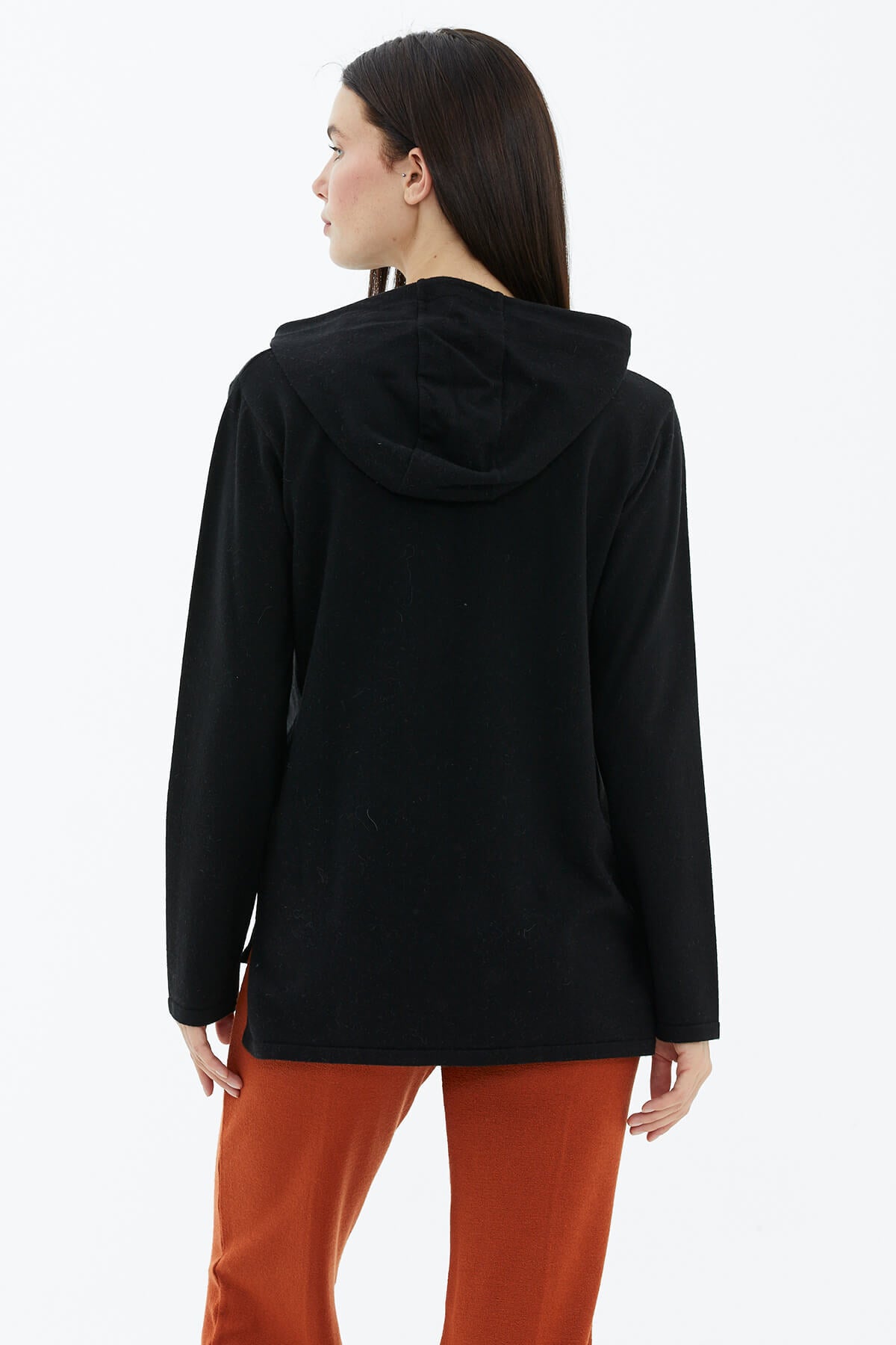 Kapüşonlu Arkası Uzun Triko Kazak - Siyah (4) Sementa