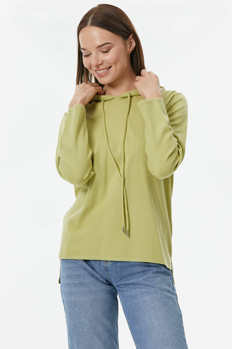 Kapüşonlu Arkası Uzun Triko Kazak - Yeşil (3) Sementa