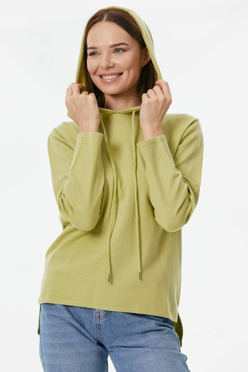 Kapüşonlu Arkası Uzun Triko Kazak - Yeşil (4) Sementa