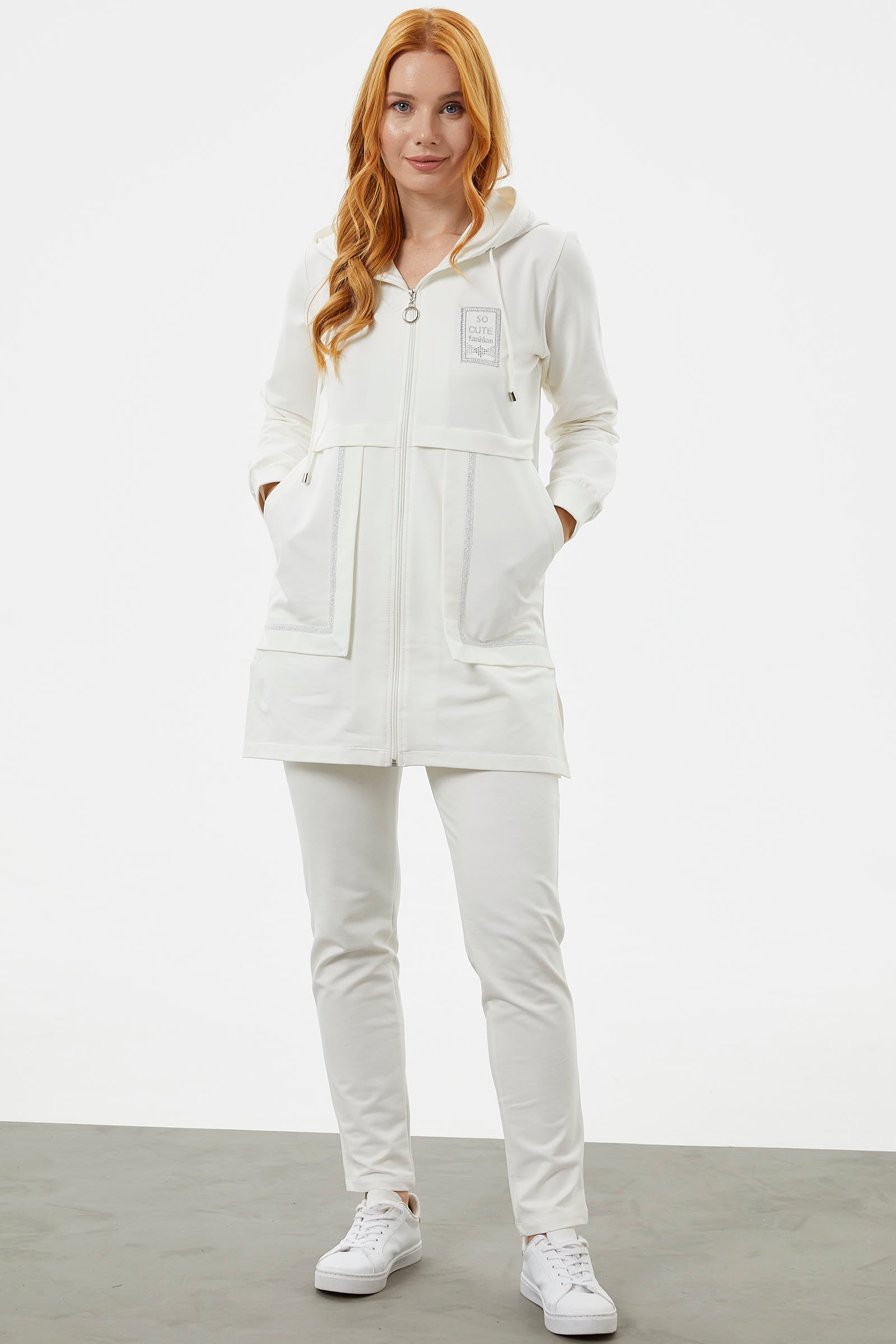 Kapüşonlu Biye Detaylı Fermuarlı Eşofman Takımı - Ekru (2) Sementa
