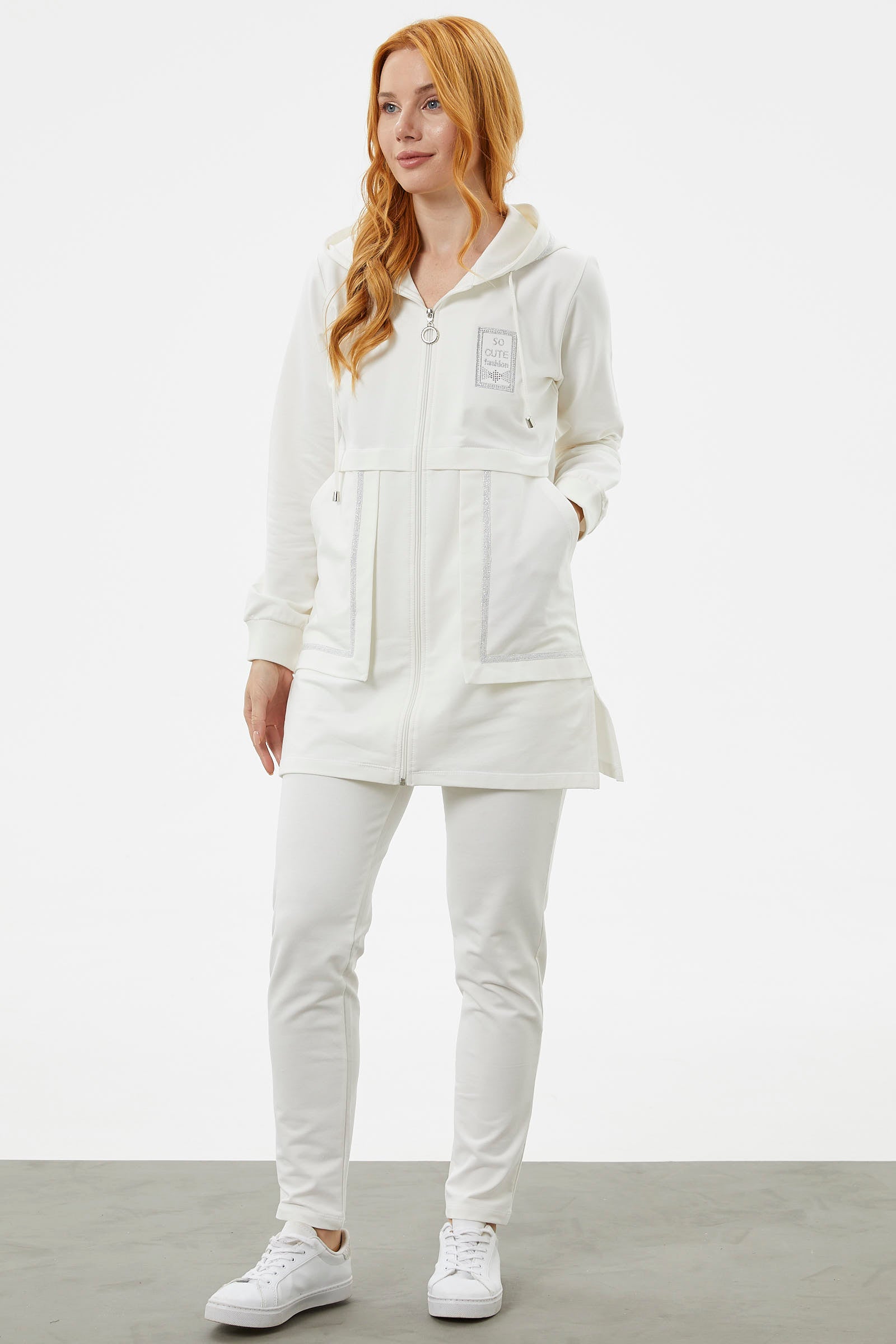 Kapüşonlu Biye Detaylı Fermuarlı Eşofman Takımı - Ekru (3) Sementa