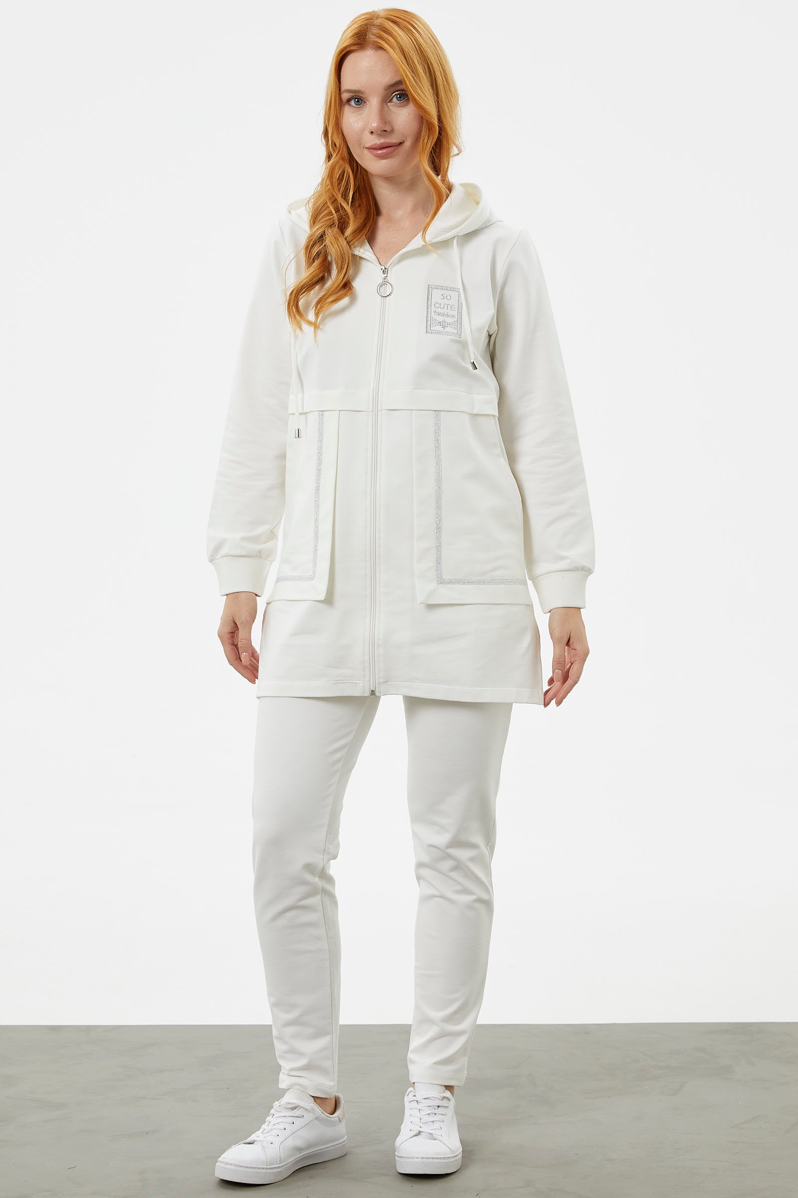 Kapüşonlu Biye Detaylı Fermuarlı Eşofman Takımı - Ekru (4) Sementa