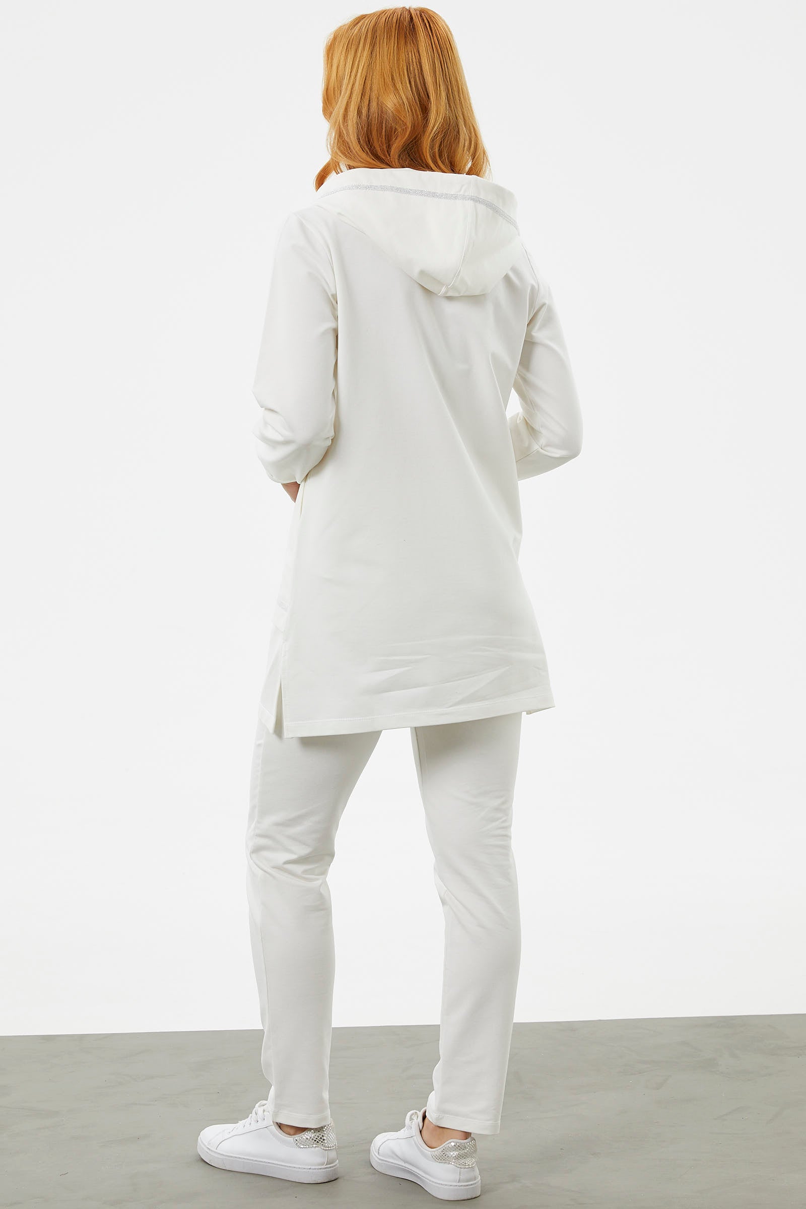Kapüşonlu Biye Detaylı Fermuarlı Eşofman Takımı - Ekru (7) Sementa