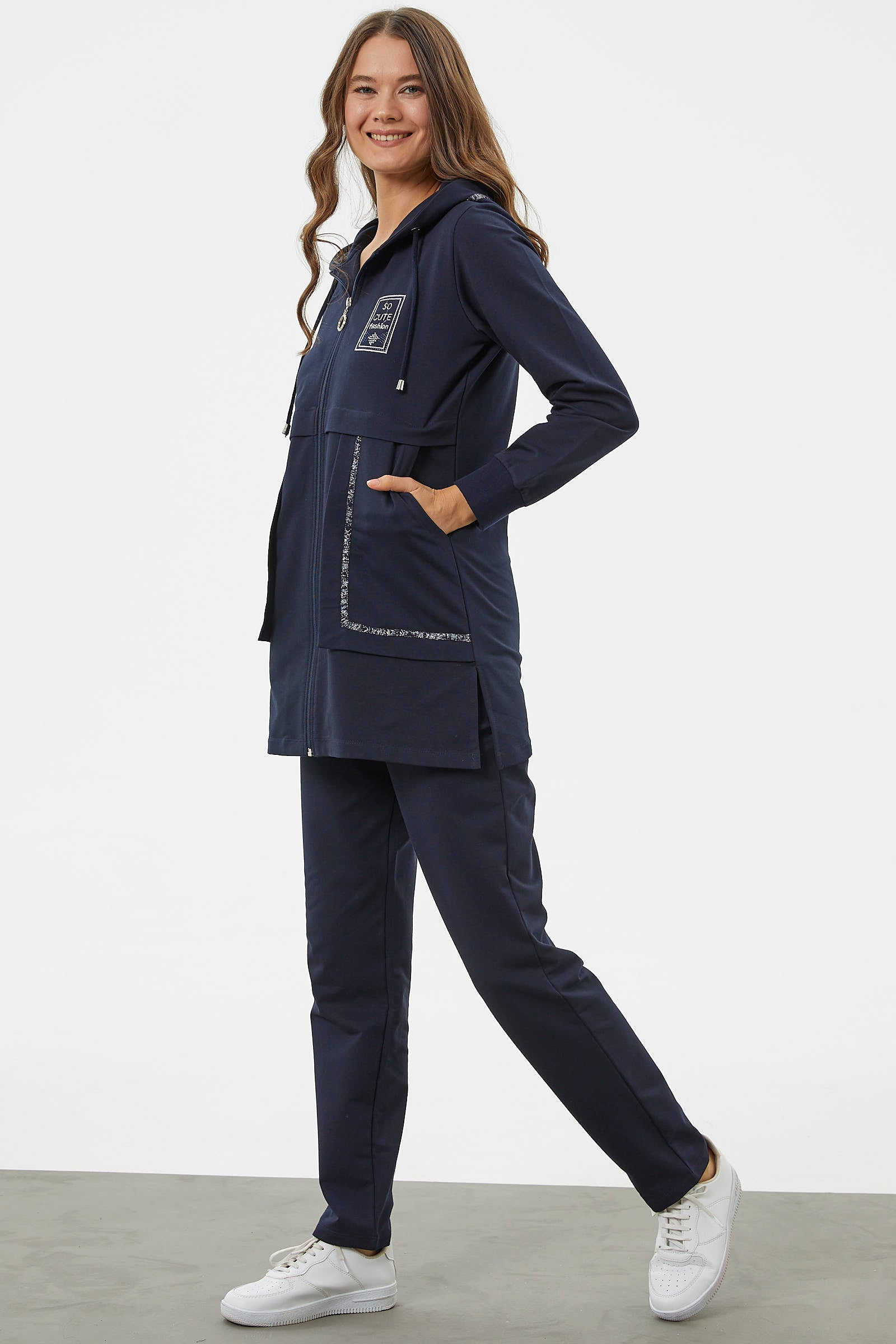 Kapüşonlu Biye Detaylı Fermuarlı Eşofman Takımı - Lacivert (3) Sementa