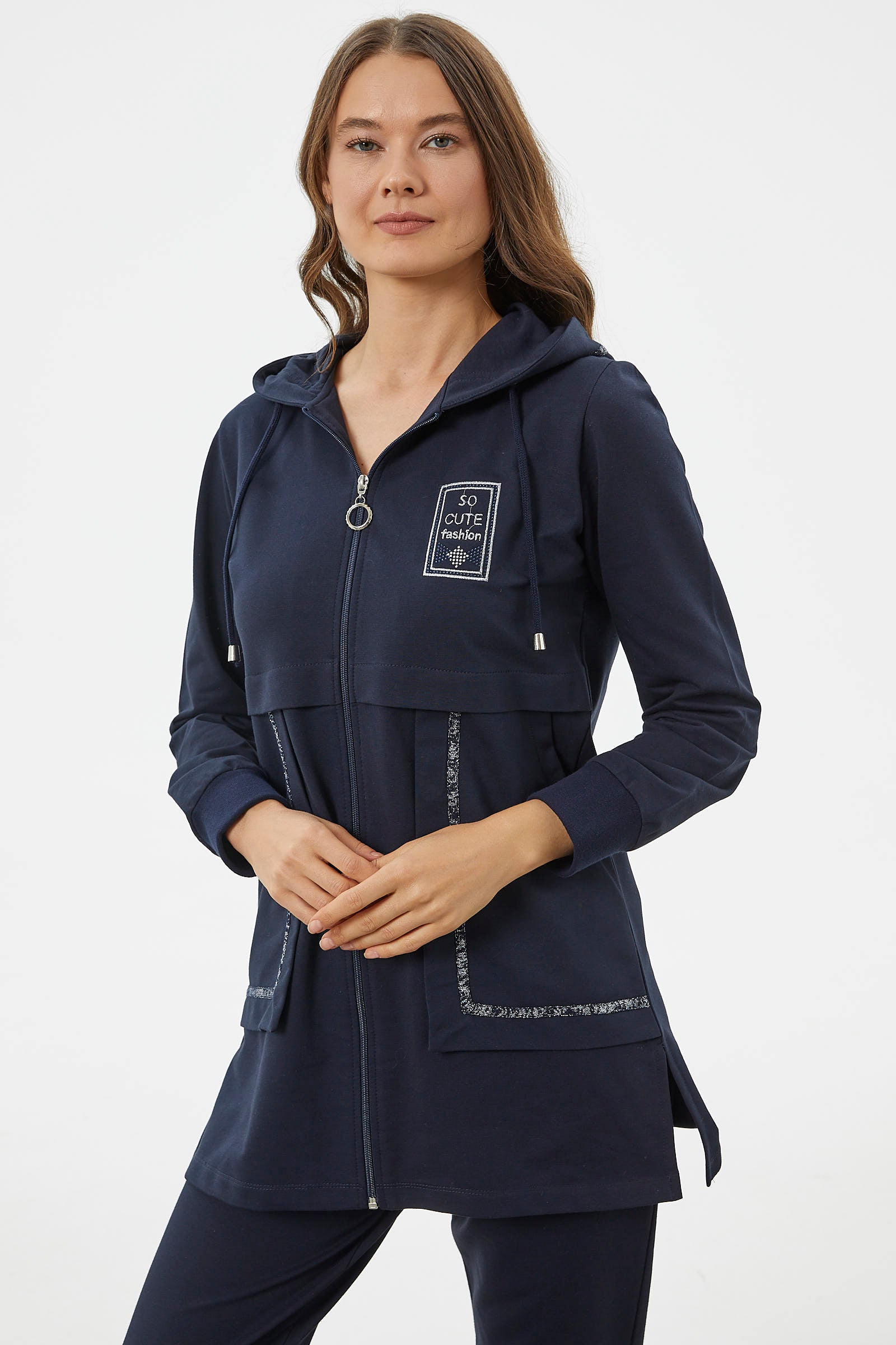 Kapüşonlu Biye Detaylı Fermuarlı Eşofman Takımı - Lacivert (4) Sementa