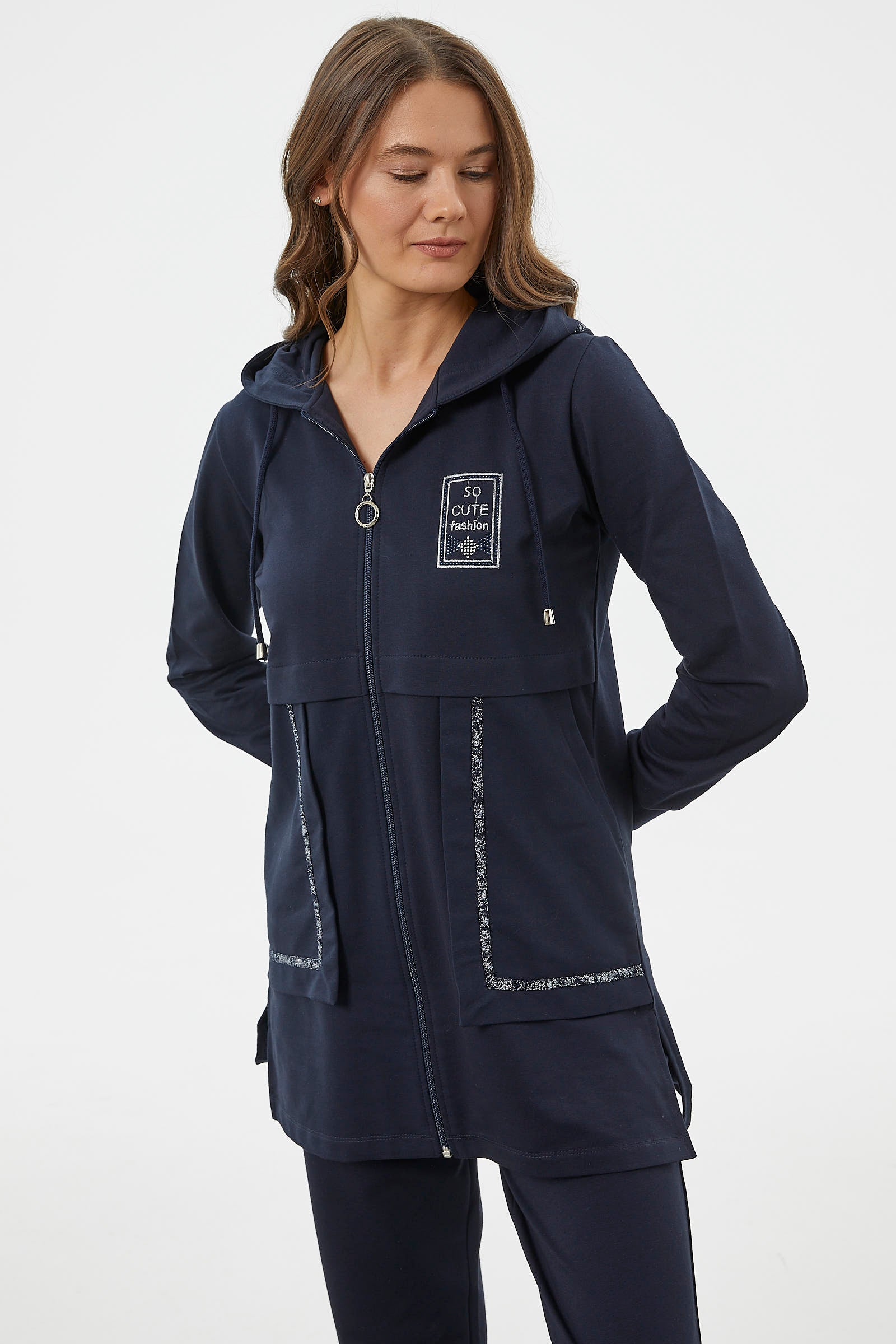 Kapüşonlu Biye Detaylı Fermuarlı Eşofman Takımı - Lacivert (5) Sementa