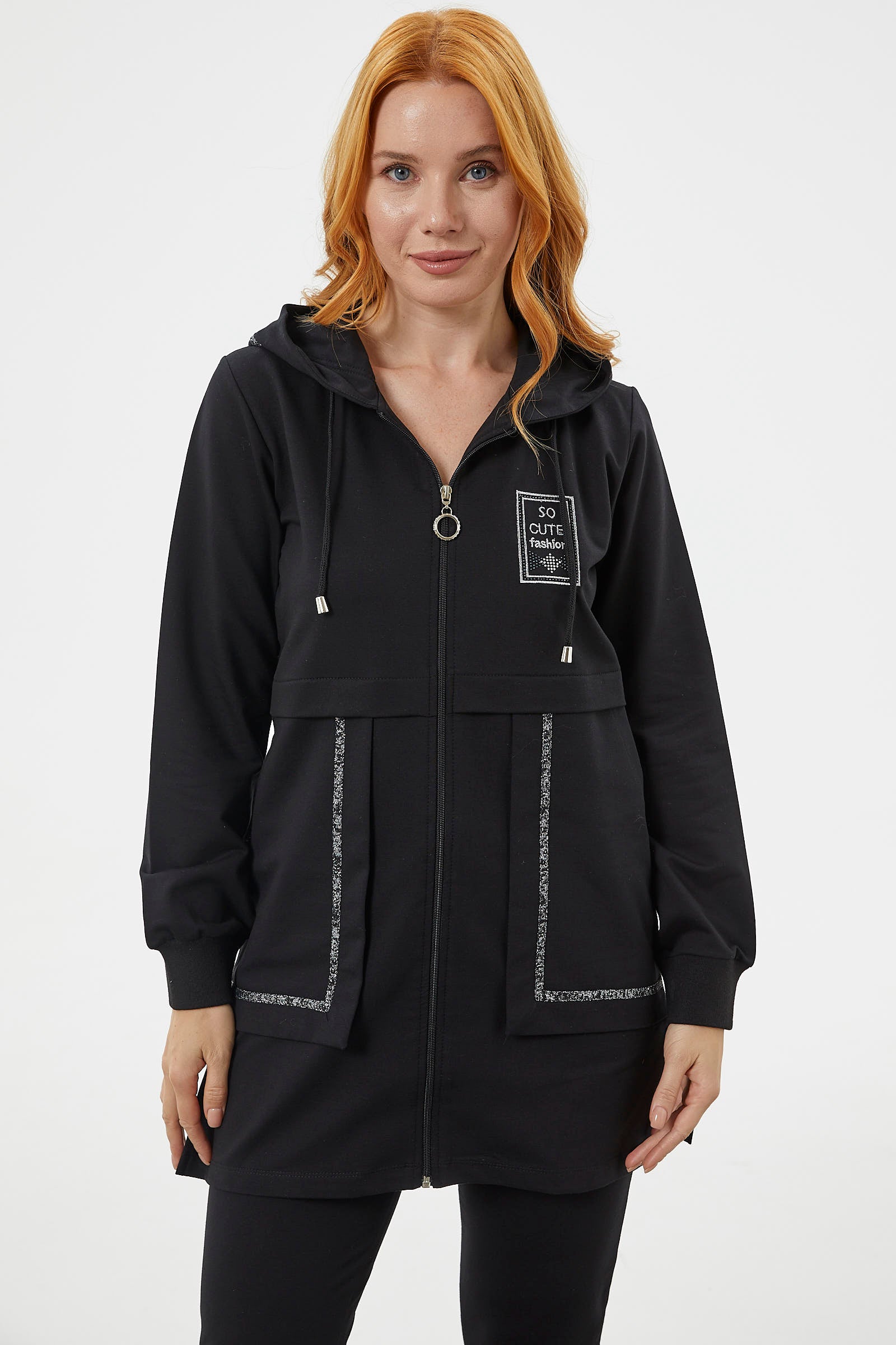 Kapüşonlu Biye Detaylı Fermuarlı Eşofman Takımı - Siyah (2) Sementa