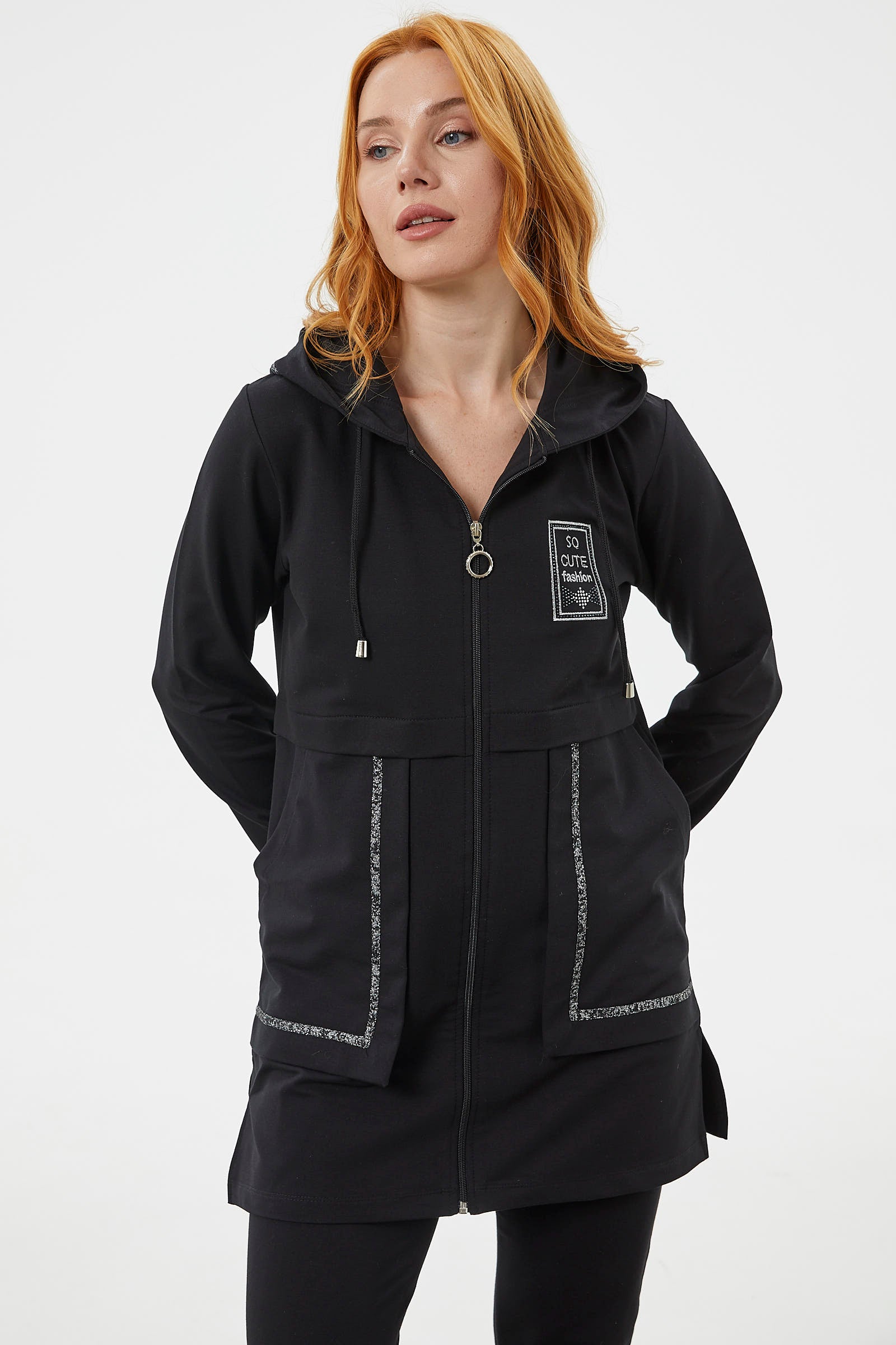 Kapüşonlu Biye Detaylı Fermuarlı Eşofman Takımı - Siyah (3) Sementa