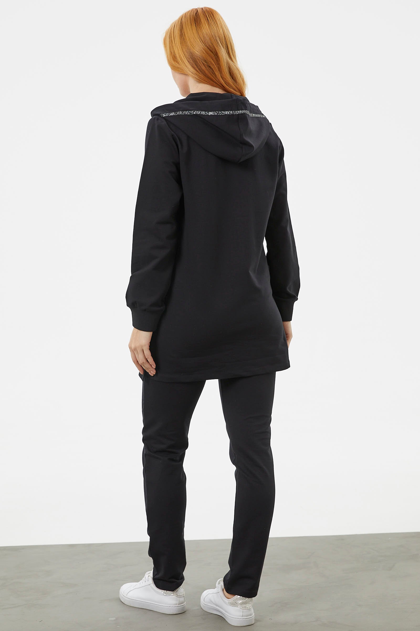 Kapüşonlu Biye Detaylı Fermuarlı Eşofman Takımı - Siyah (6) Sementa