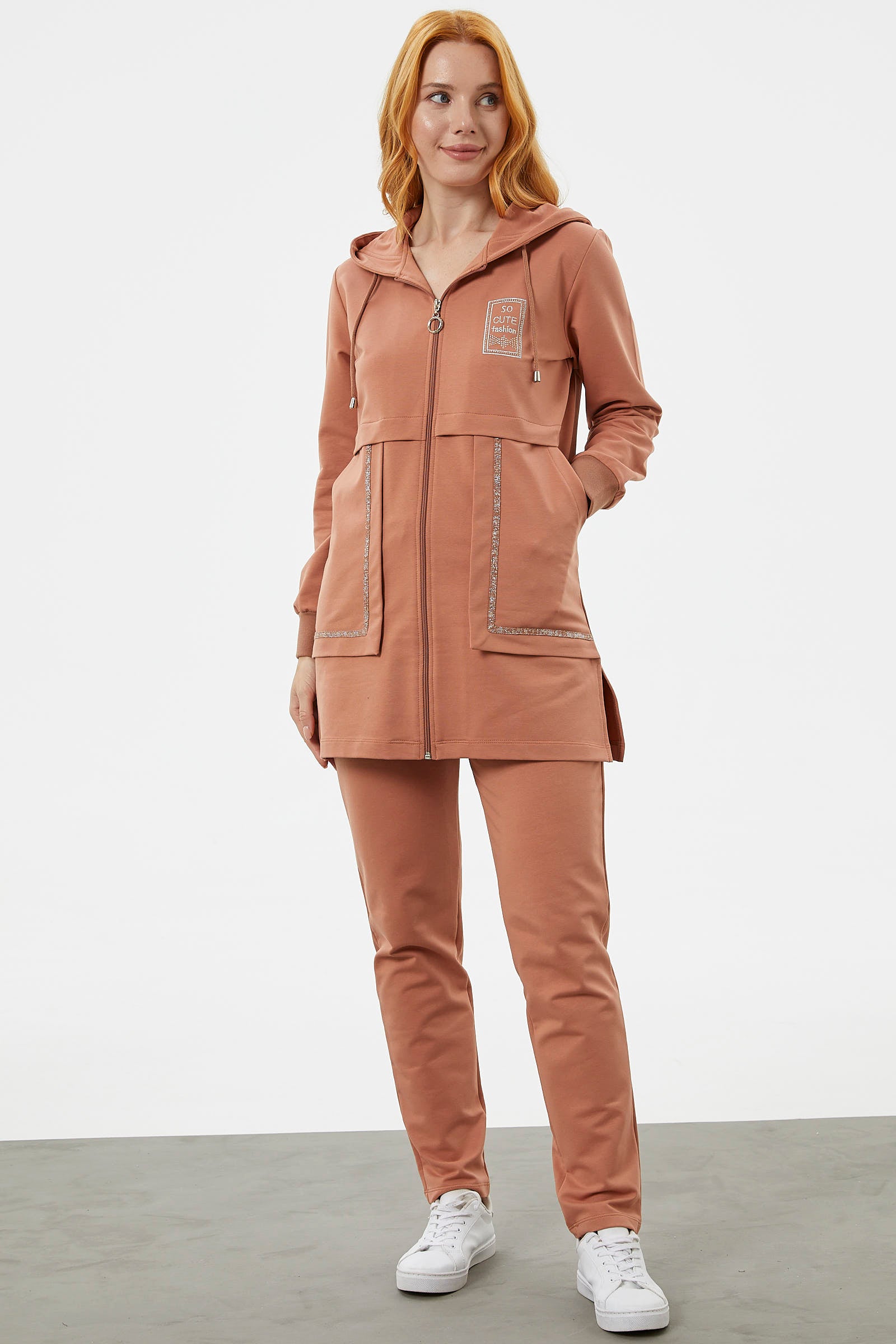 Kapüşonlu Biye Detaylı Fermuarlı Eşofman Takımı - Somon (4) Sementa