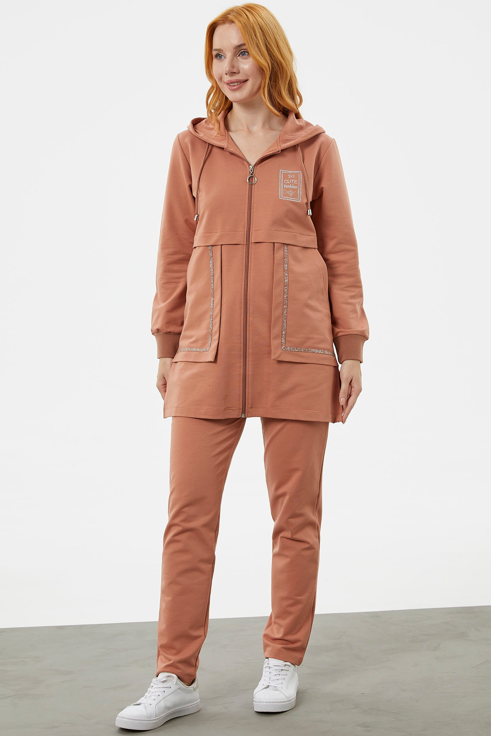 Kapüşonlu Biye Detaylı Fermuarlı Eşofman Takımı - Somon (2) Sementa